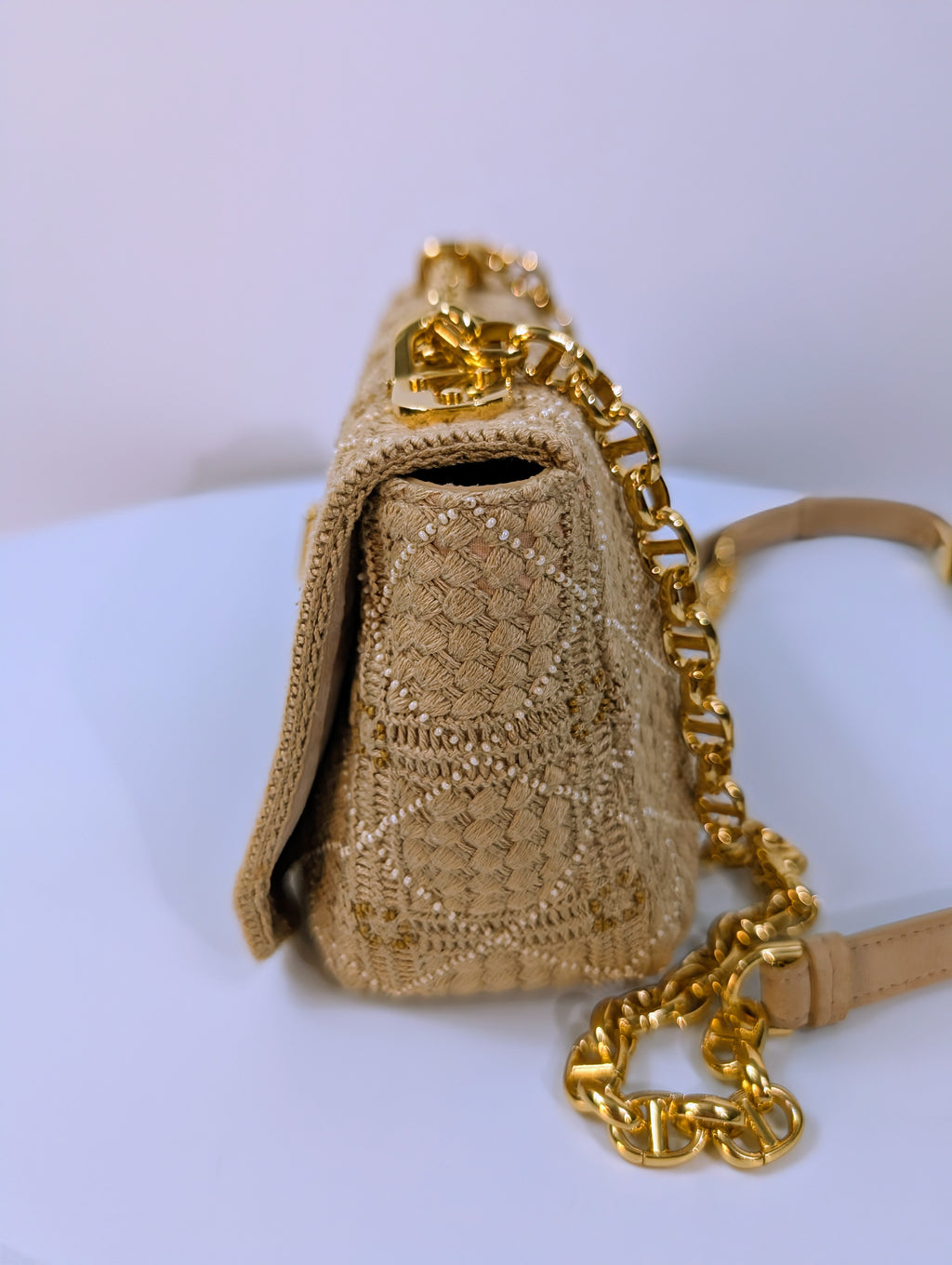 Christian Dior Natural Straw Raffia Woven Cannage Small Caro Flap Shoulder Bag