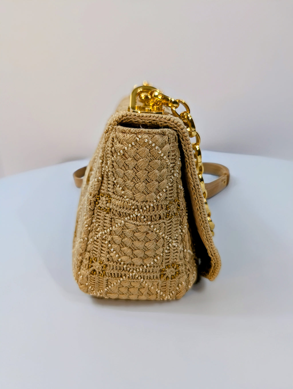 Christian Dior Natural Straw Raffia Woven Cannage Small Caro Flap Shoulder Bag