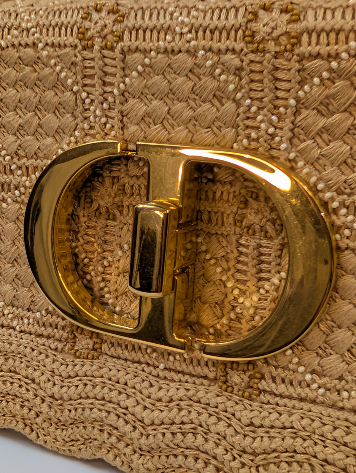 Christian Dior Natural Straw Raffia Woven Cannage Small Caro Flap Shoulder Bag
