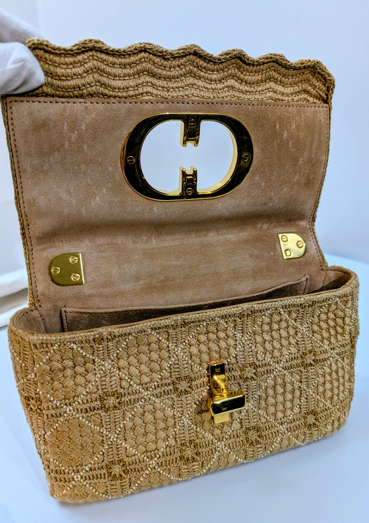 Christian Dior Natural Straw Raffia Woven Cannage Small Caro Flap Shoulder Bag