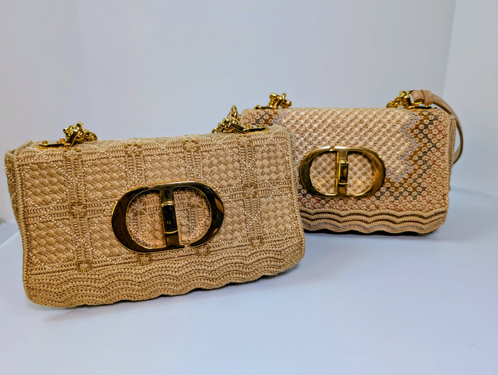 Christian Dior Natural Straw Raffia Woven Cannage Small Caro Flap Shoulder Bag