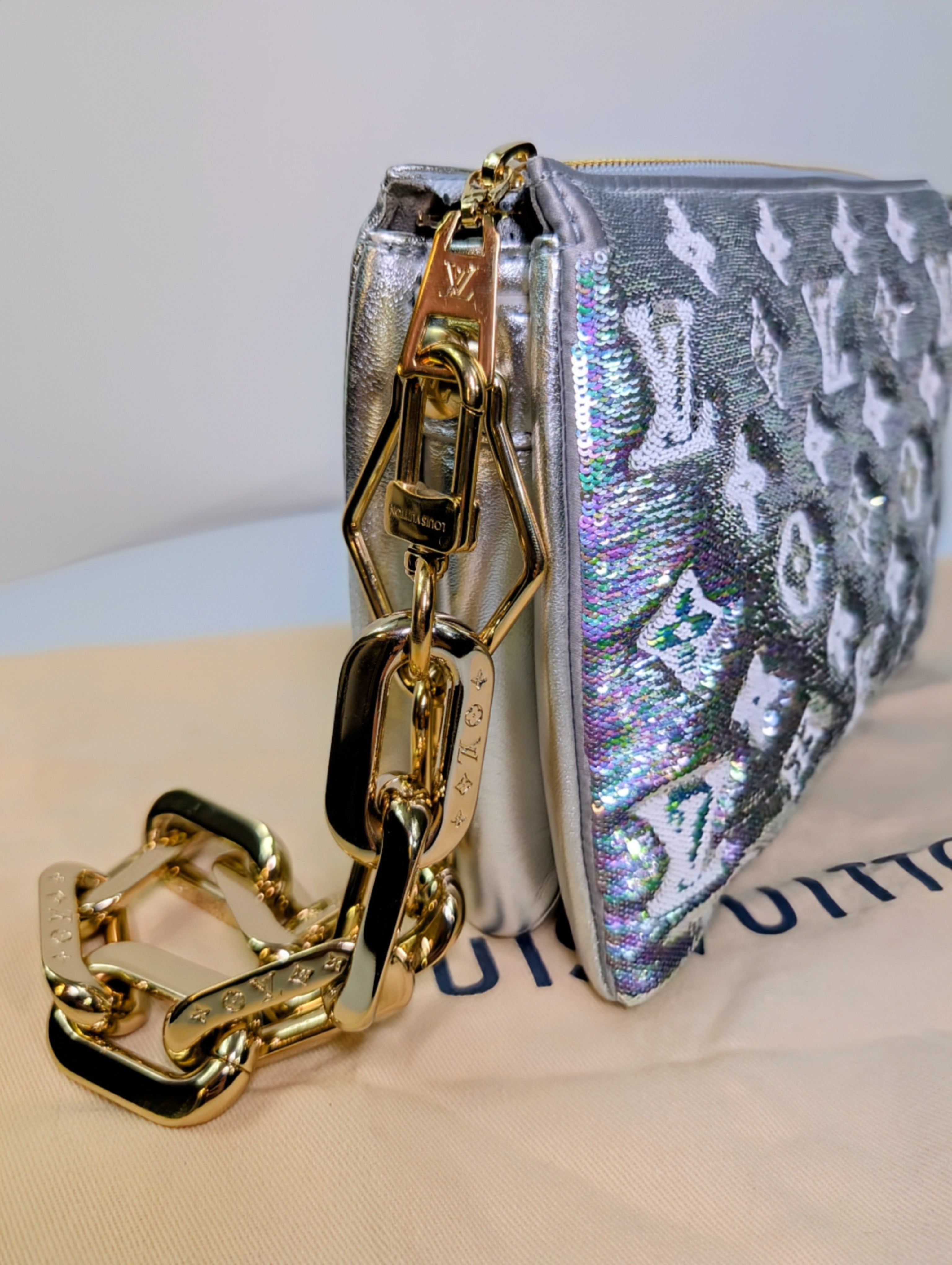 Louis Vuitton Iridescent Coussin Sequin and Silver Monogram Empreinte Bag