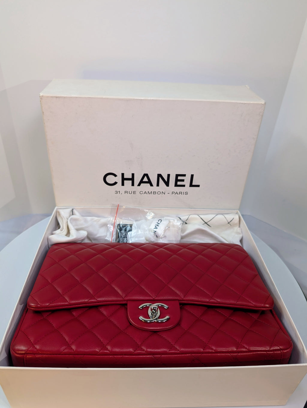 Chanel Rare 2013 17b Red Quilted Classic Jumbo Lambskin Double Flap
