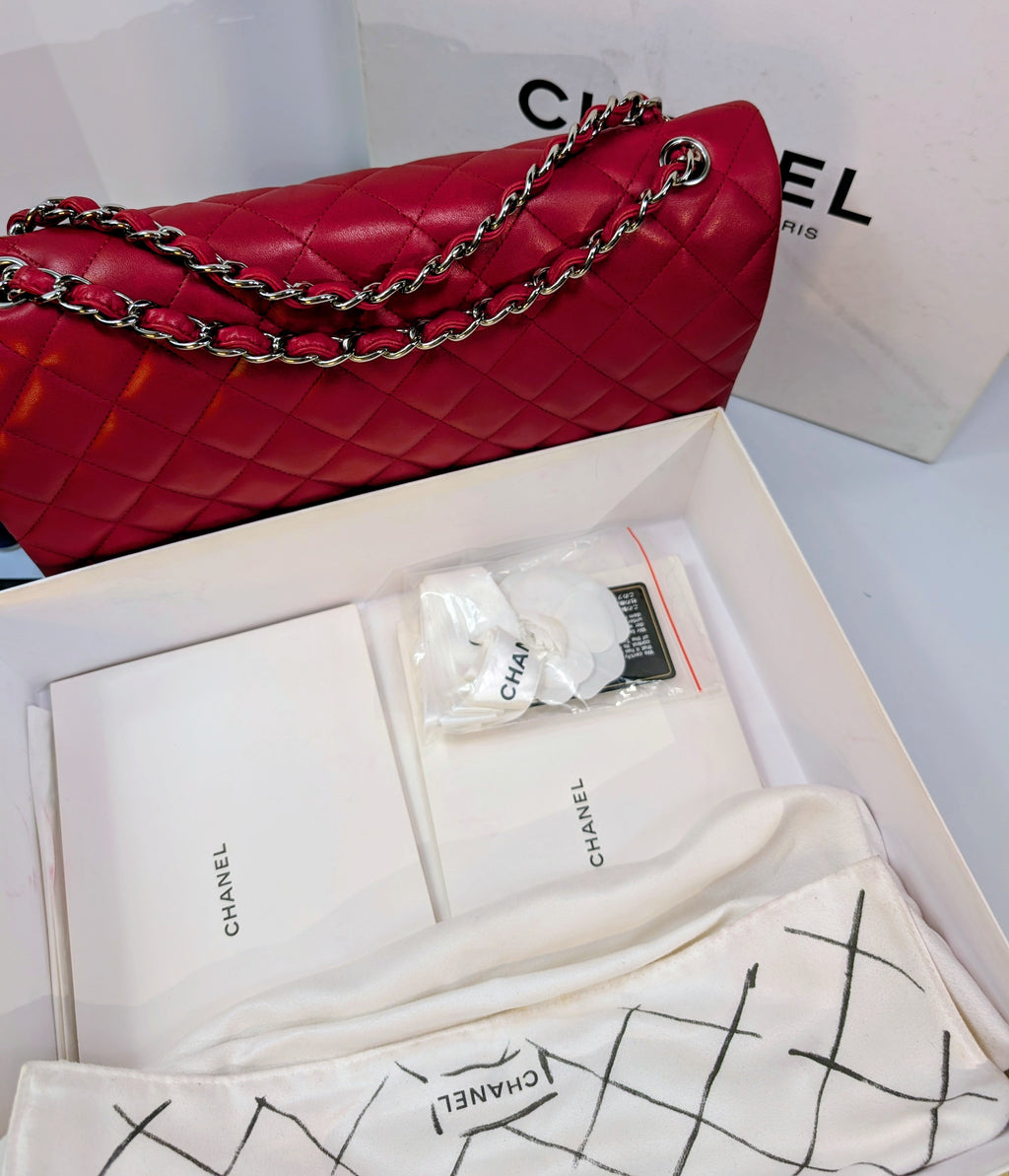 Chanel Rare 2013 17b Red Quilted Classic Jumbo Lambskin Double Flap