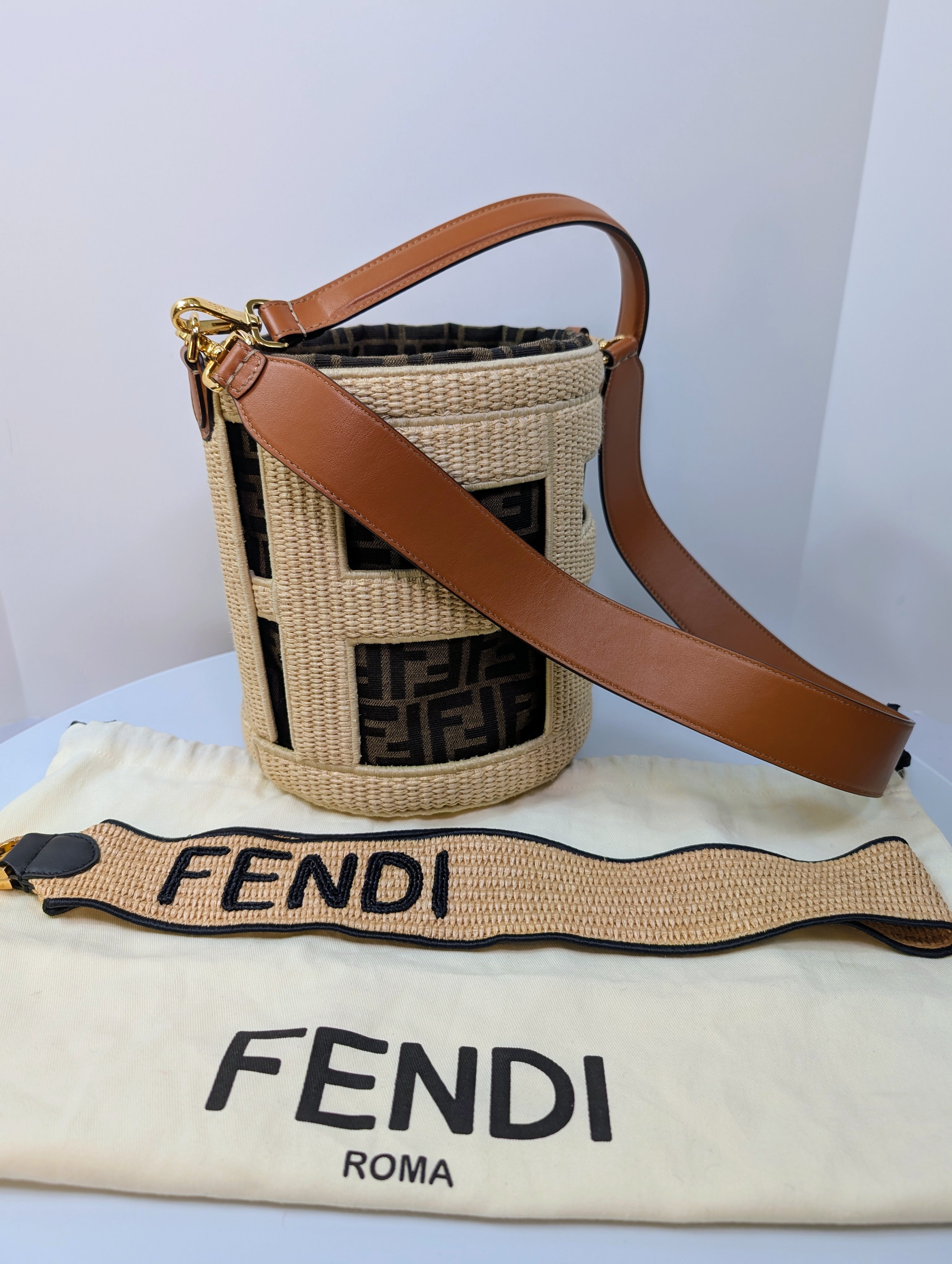 Fendi Step Out Straw and Canvas Bucket Bag with Rare Straps