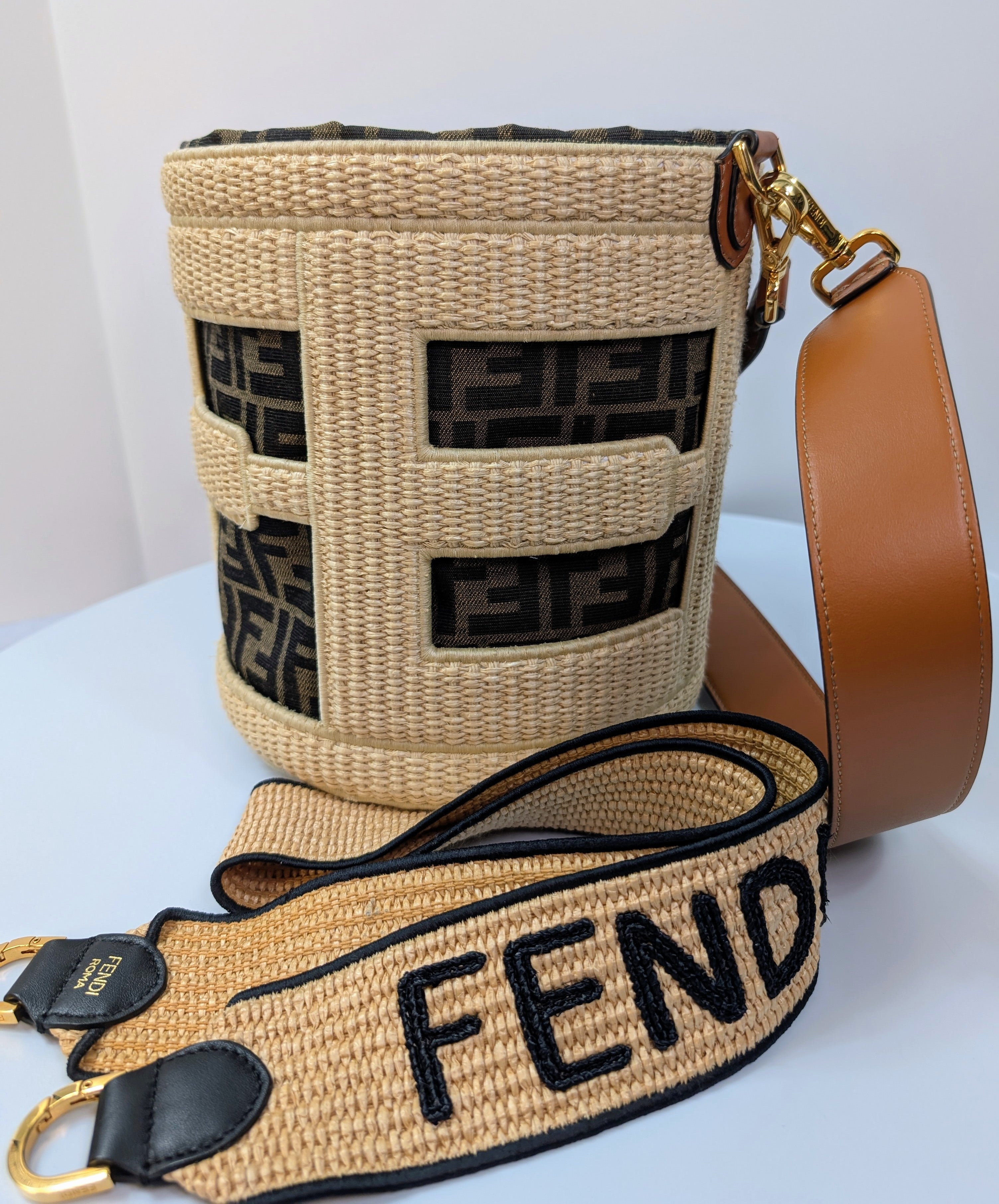 Fendi Step Out Straw and Canvas Bucket Bag with Rare Straps