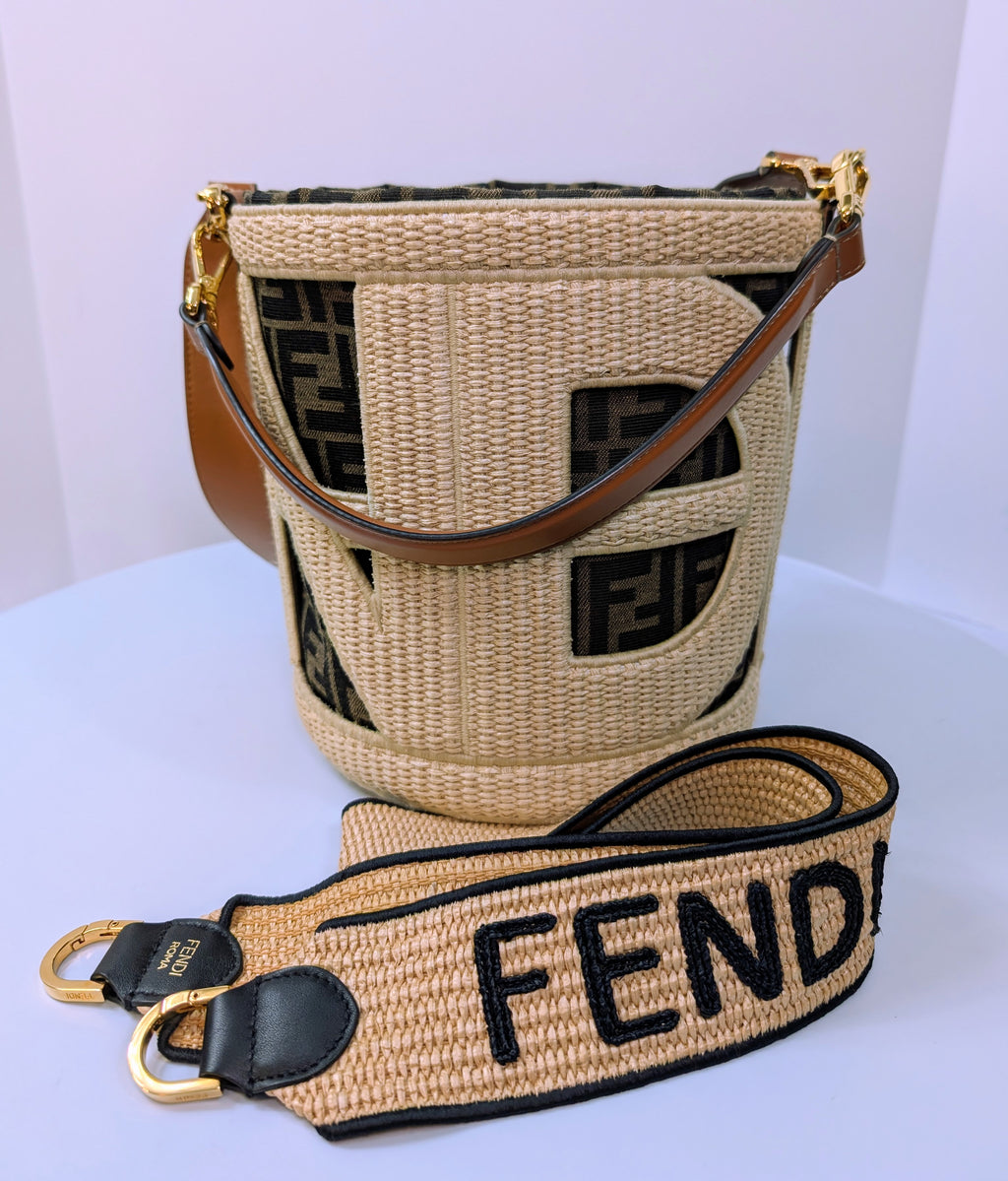 Fendi Step Out Straw and Canvas Bucket Bag with Rare Straps