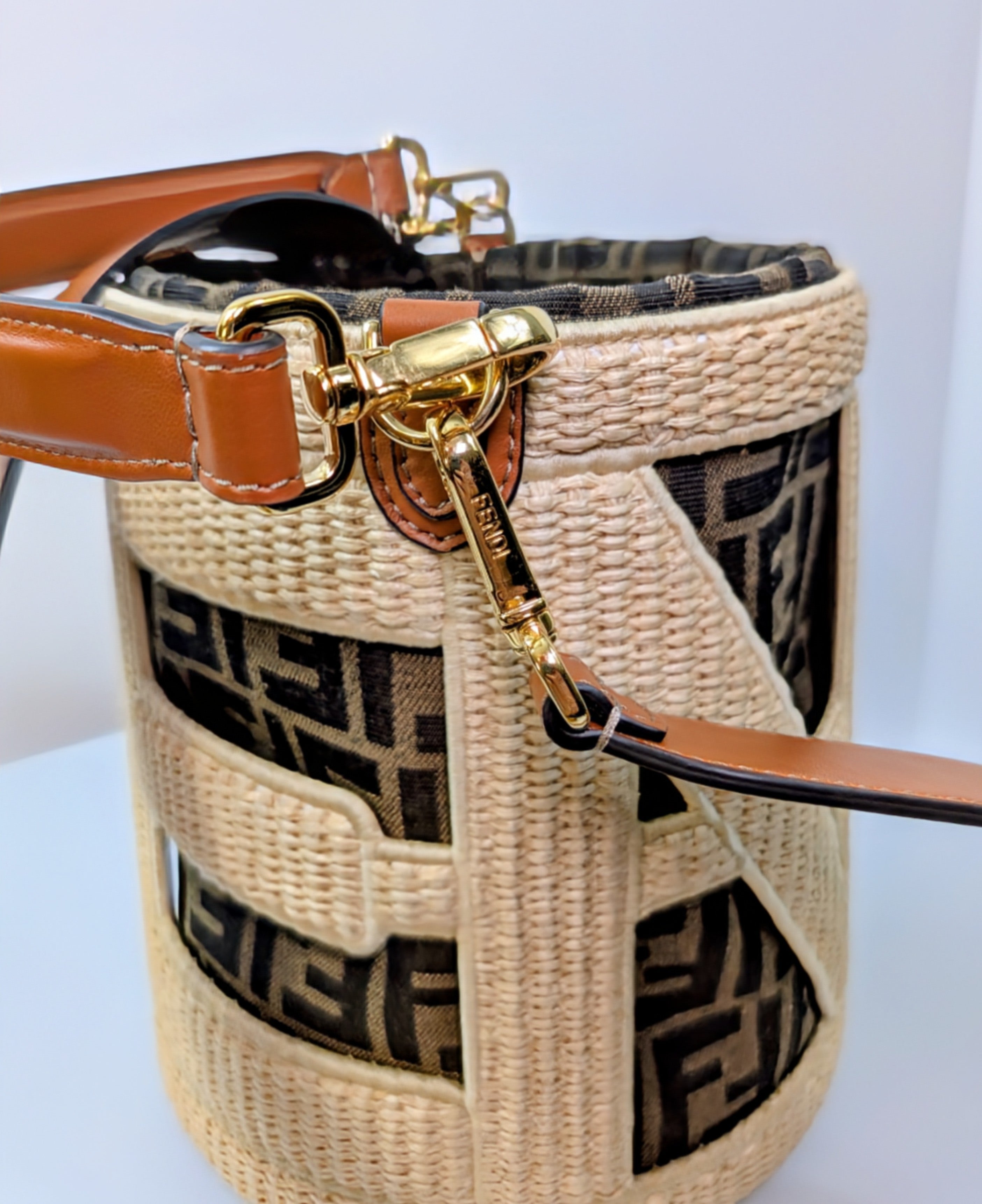 Fendi Step Out Straw and Canvas Bucket Bag with Rare Straps