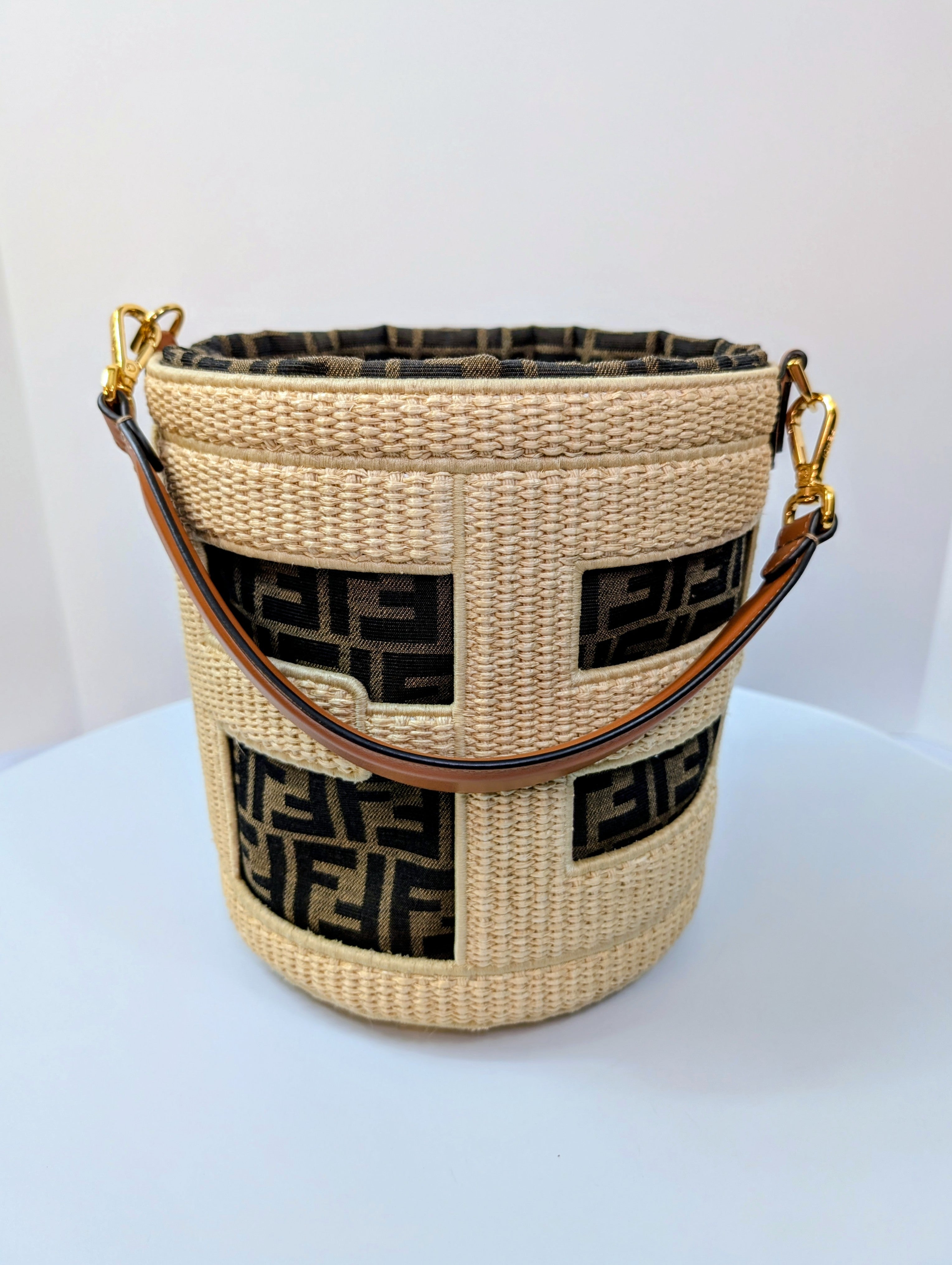 Fendi Step Out Straw and Canvas Bucket Bag with Rare Straps