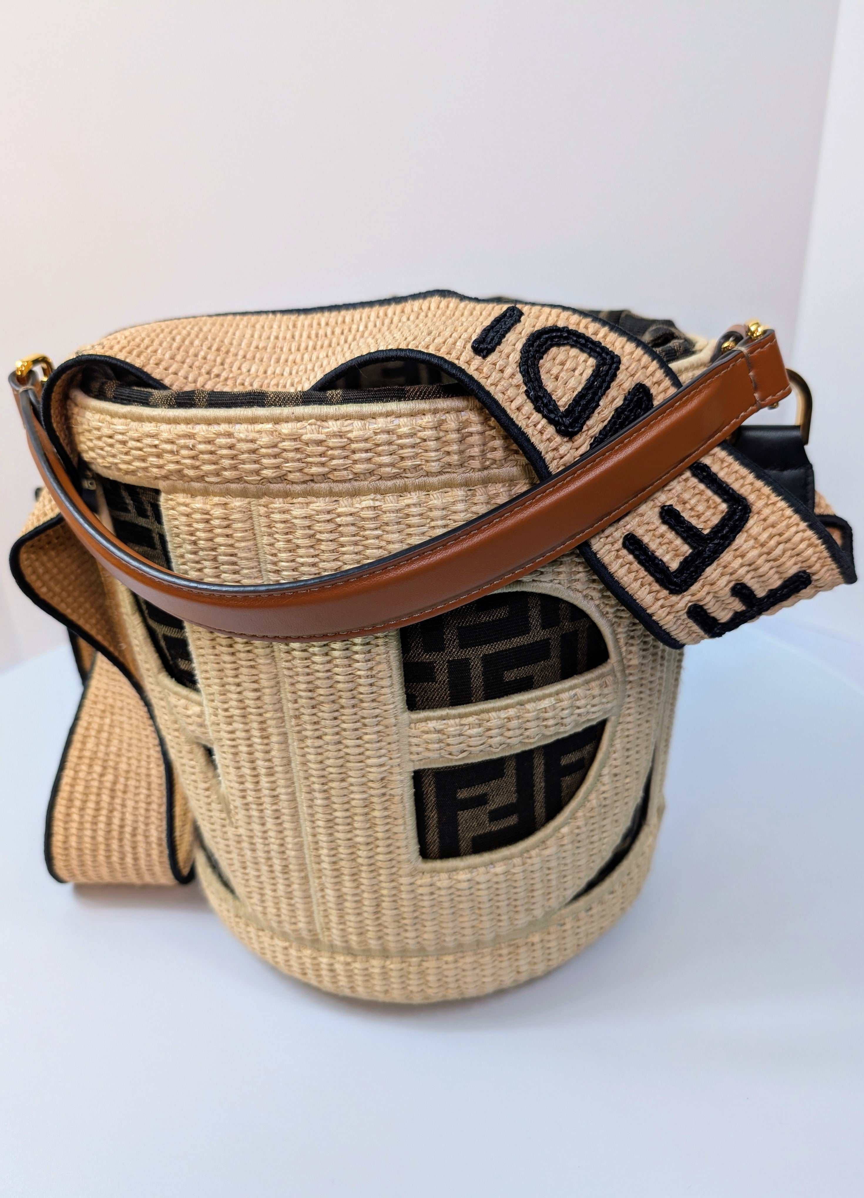 Fendi Step Out Straw and Canvas Bucket Bag with Rare Straps