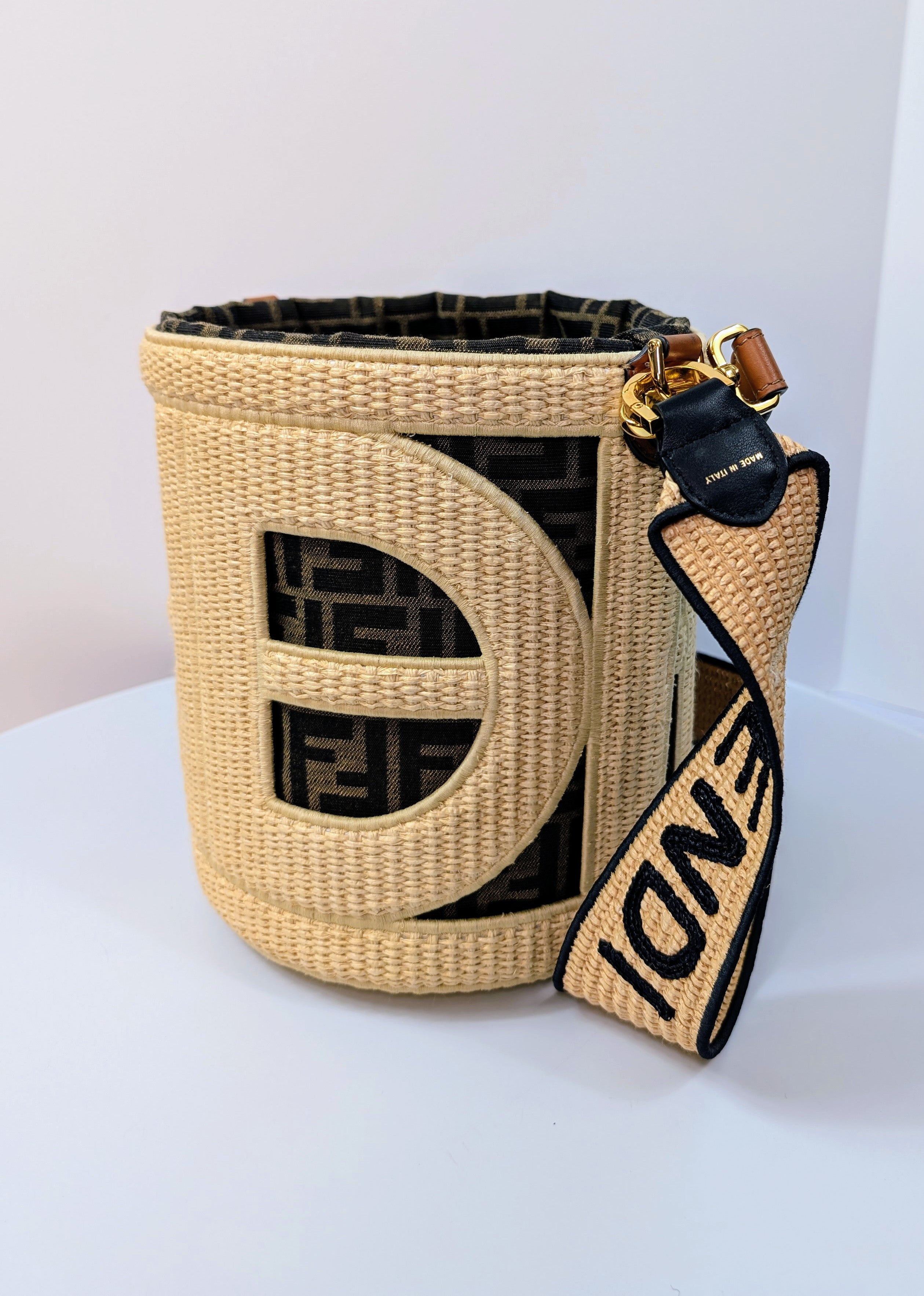 Fendi Step Out Straw and Canvas Bucket Bag with Rare Straps