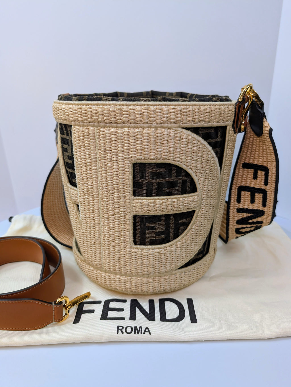 Fendi Step Out Straw and Canvas Bucket Bag with Rare Straps