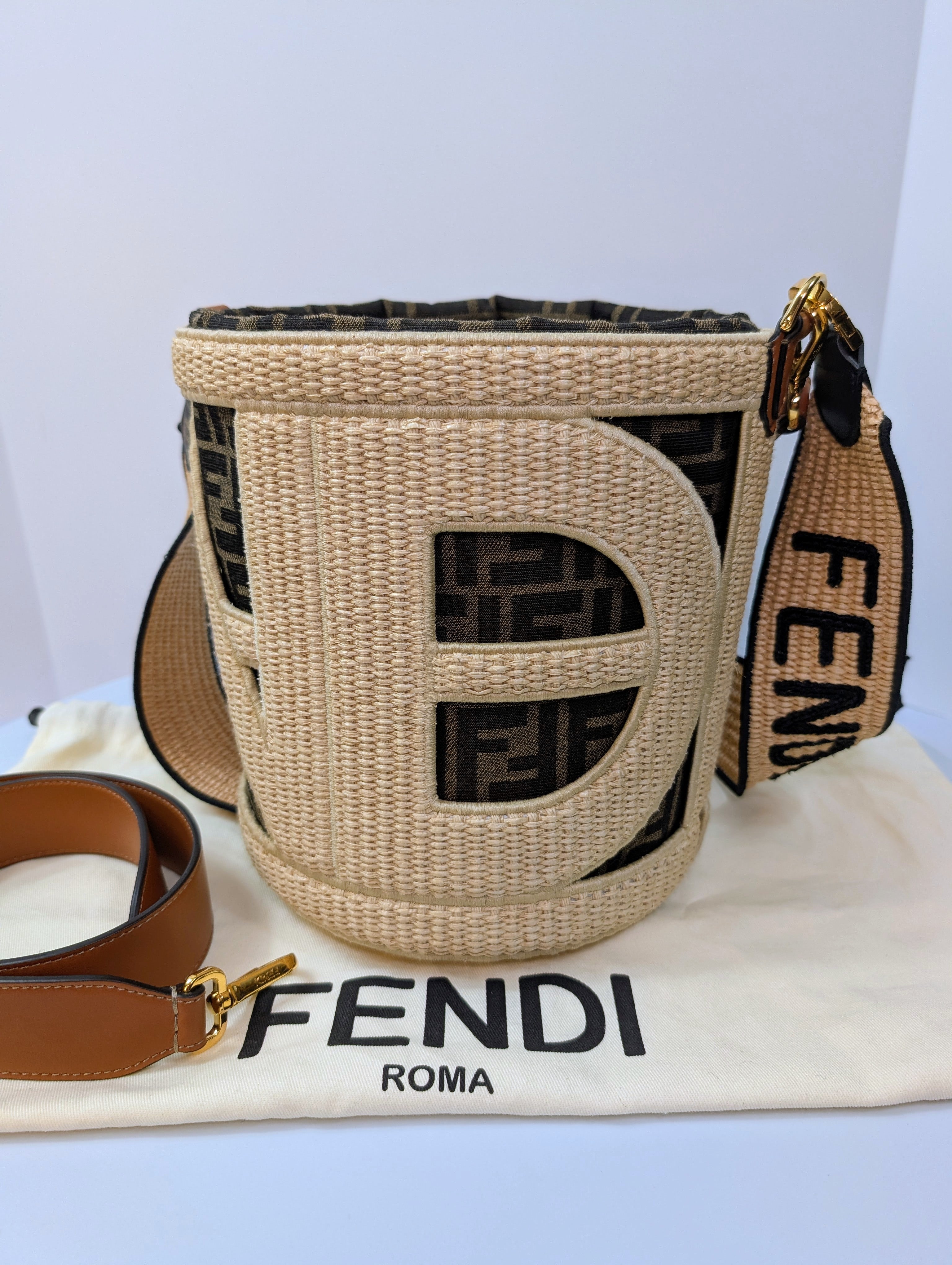 Fendi Step Out Straw and Canvas Bucket Bag with Rare Straps