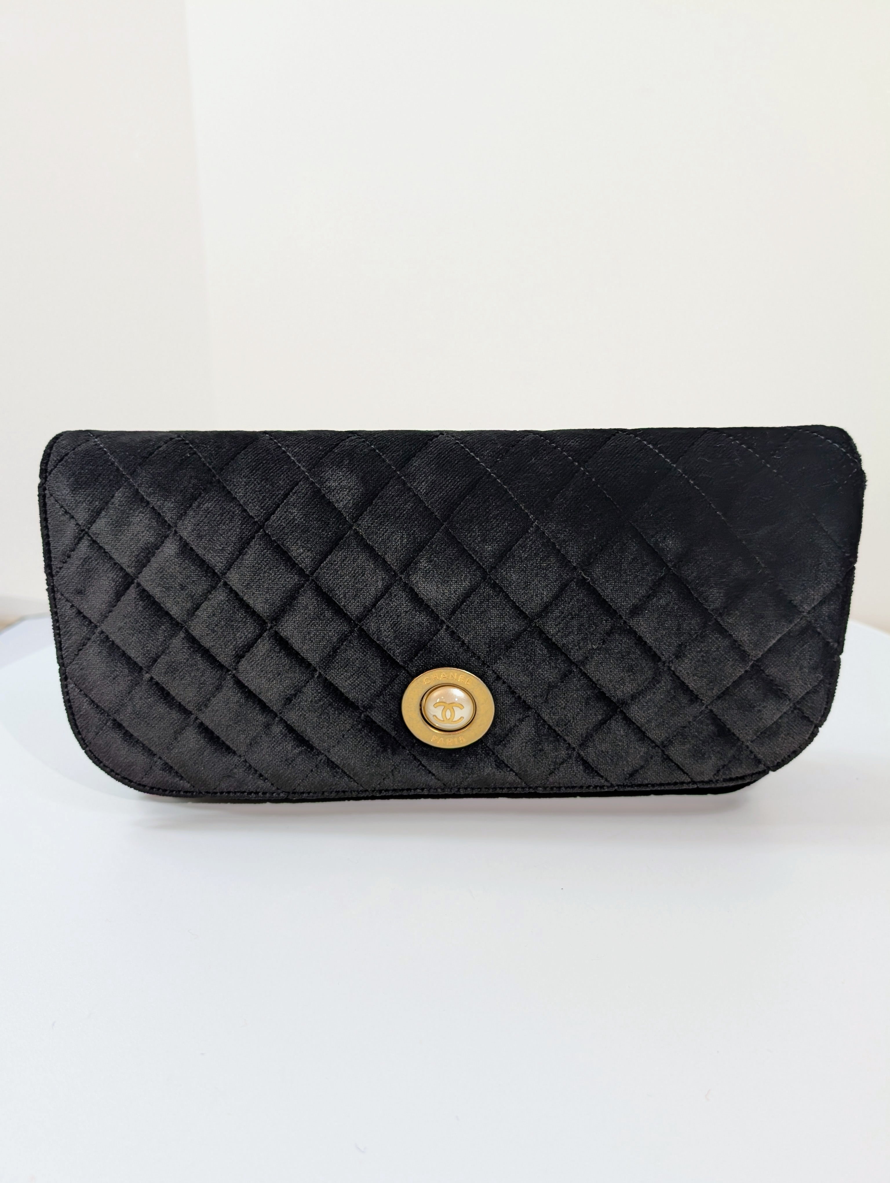 Chanel Paris Cosmopolite Black Velvet Quilted Flap Clutch with Pearl Button
