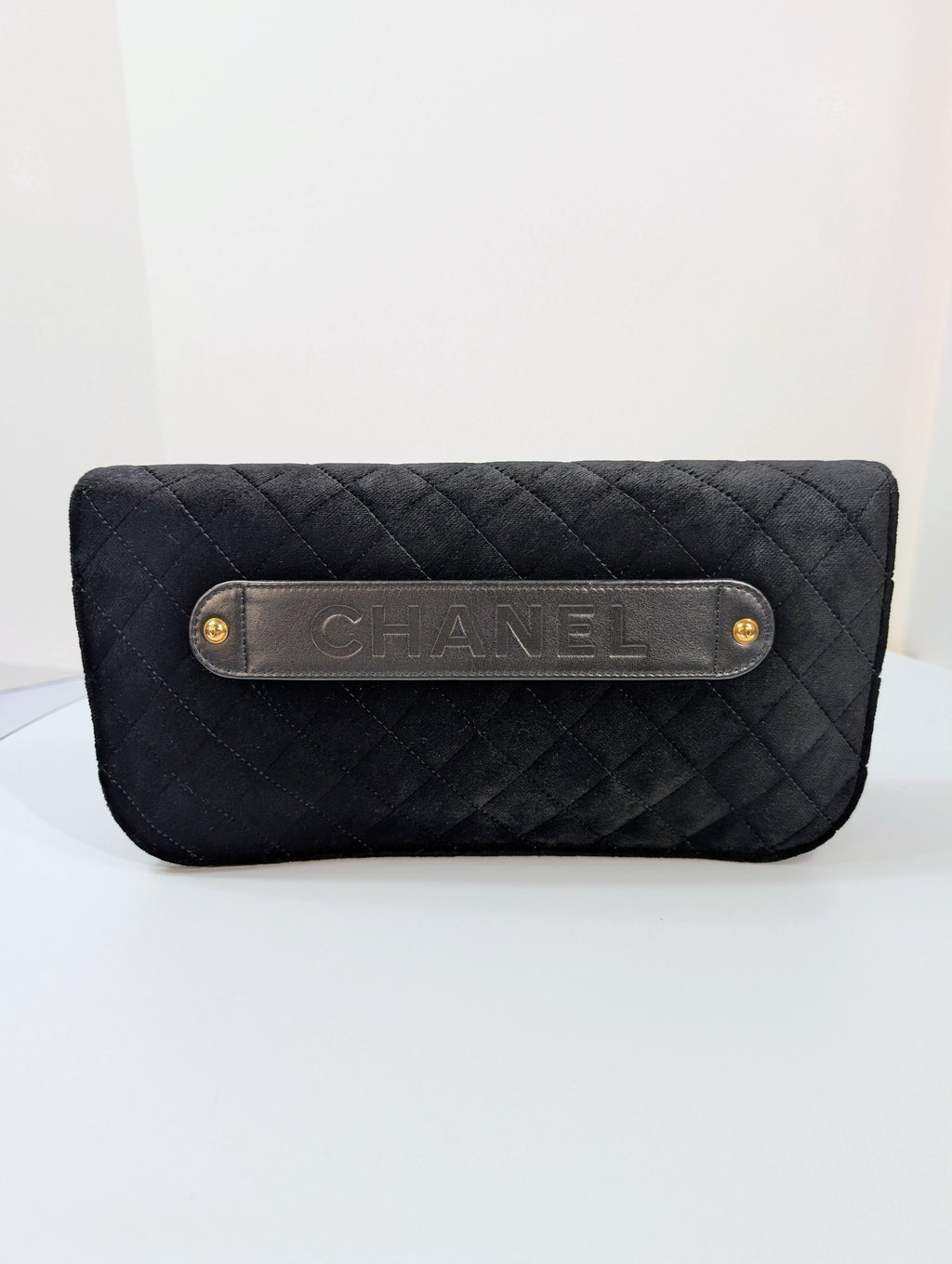 Chanel Paris Cosmopolite Black Velvet Quilted Flap Clutch with Pearl Button