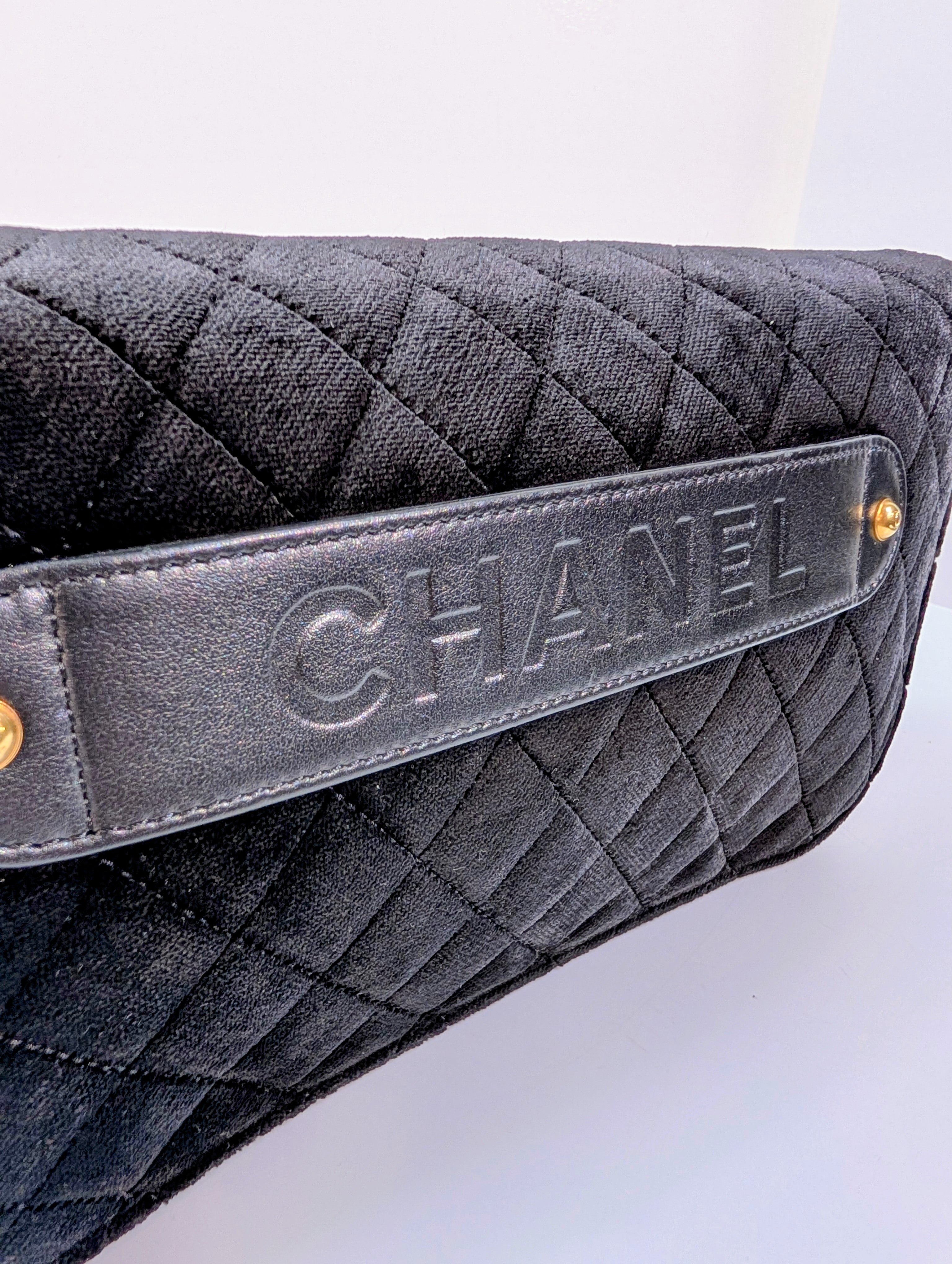 Chanel Paris Cosmopolite Black Velvet Quilted Flap Clutch with Pearl Button
