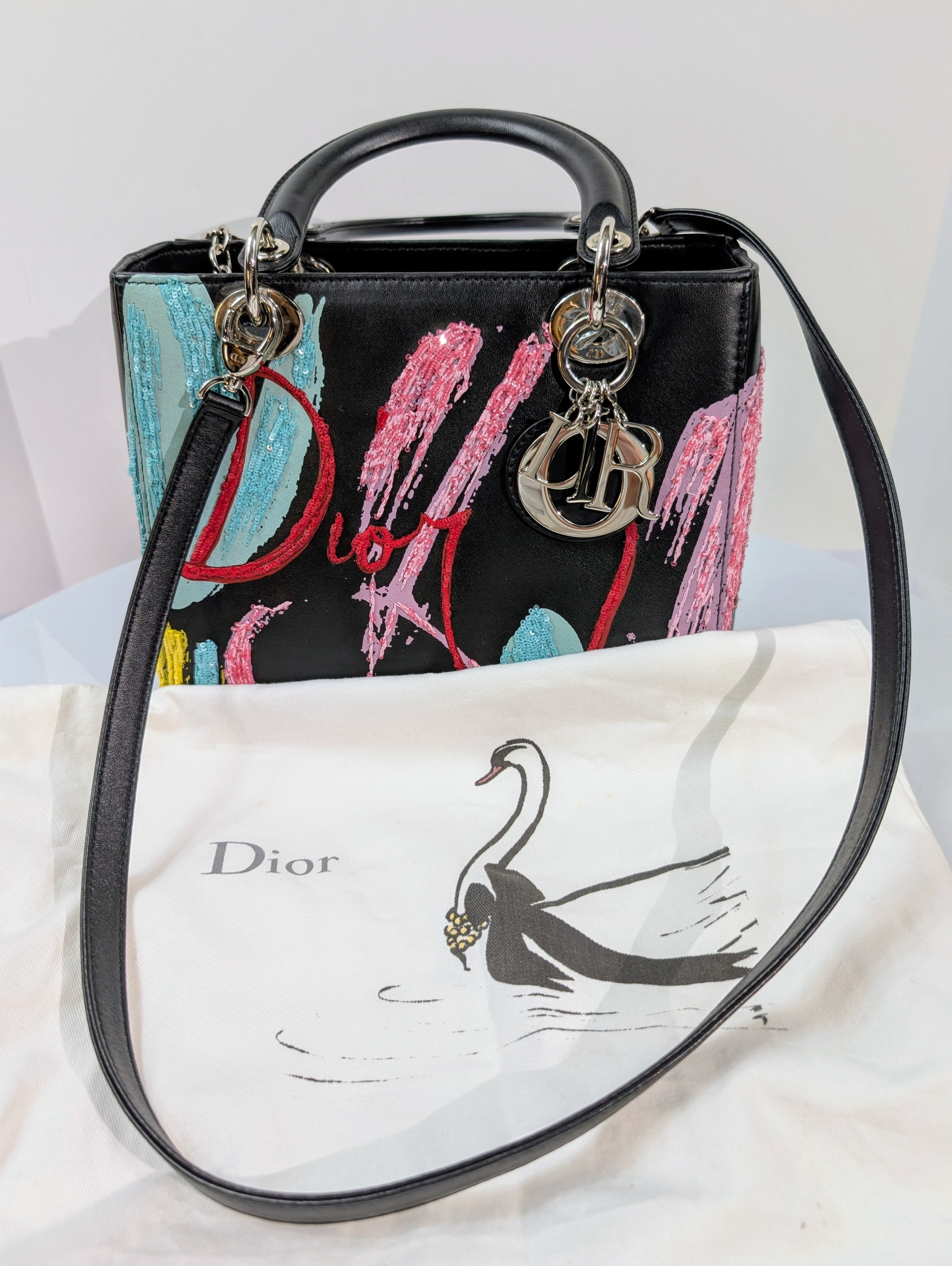 Dior Rare Black Lady Dior Multi-Color Sequined Art Collection Bag (Olympia Scarry)