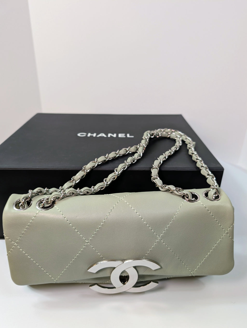 Chanel Vintage Mint Green East West Flap Bag with Oversized Silver CC Lock