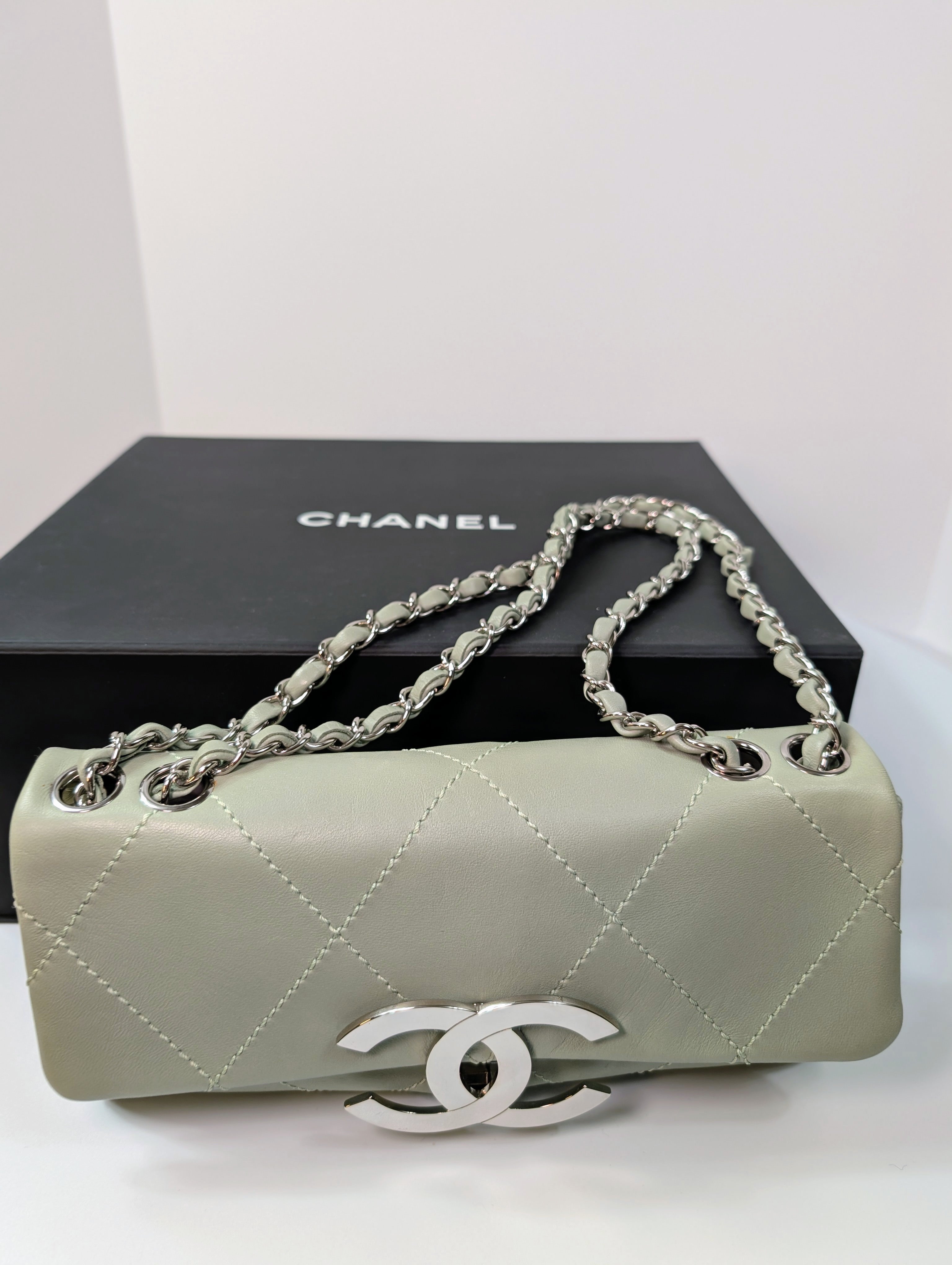 Chanel Vintage Mint Green East West Flap Bag with Oversized Silver CC Lock