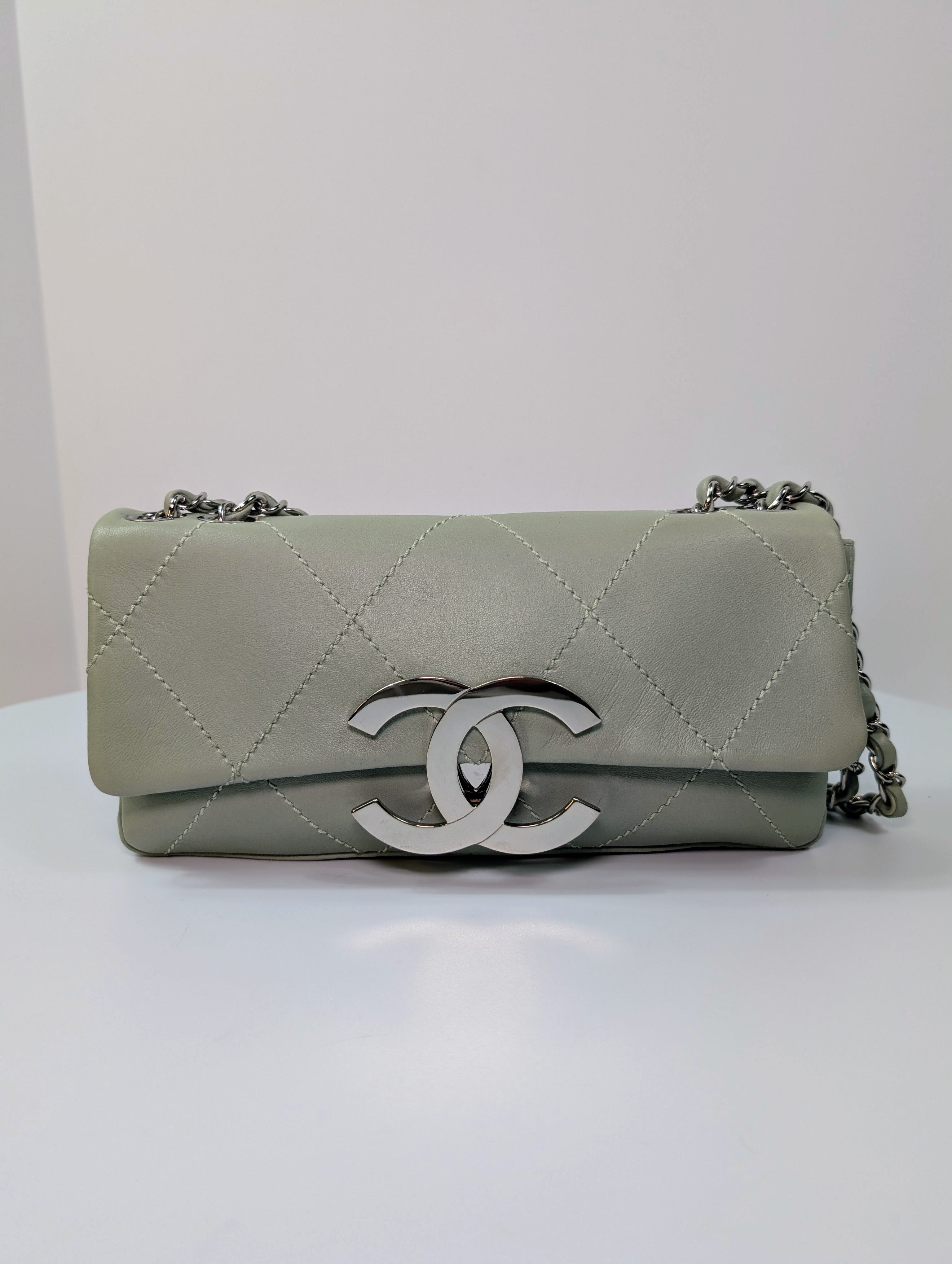 Chanel Vintage Mint Green East West Flap Bag with Oversized Silver CC Lock