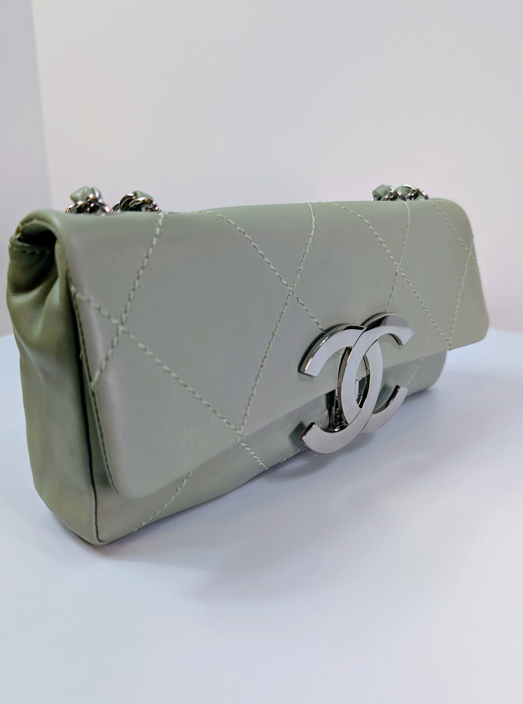 Chanel Vintage Mint Green East West Flap Bag with Oversized Silver CC Lock