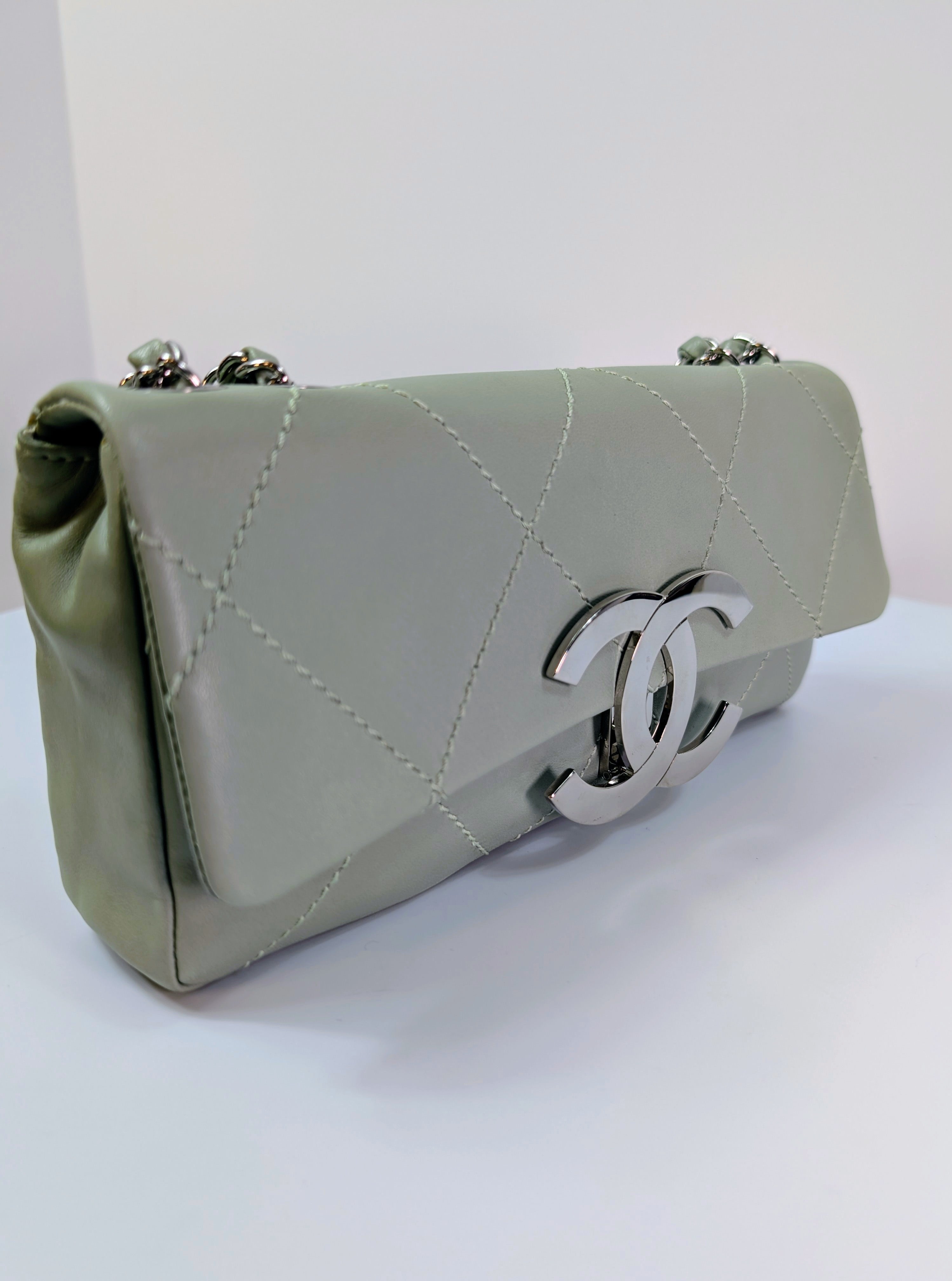 Chanel Vintage Mint Green East West Flap Bag with Oversized Silver CC Lock