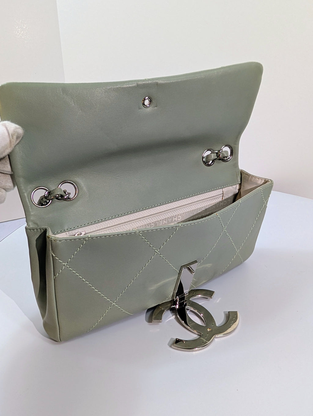 Chanel Vintage Mint Green East West Flap Bag with Oversized Silver CC Lock
