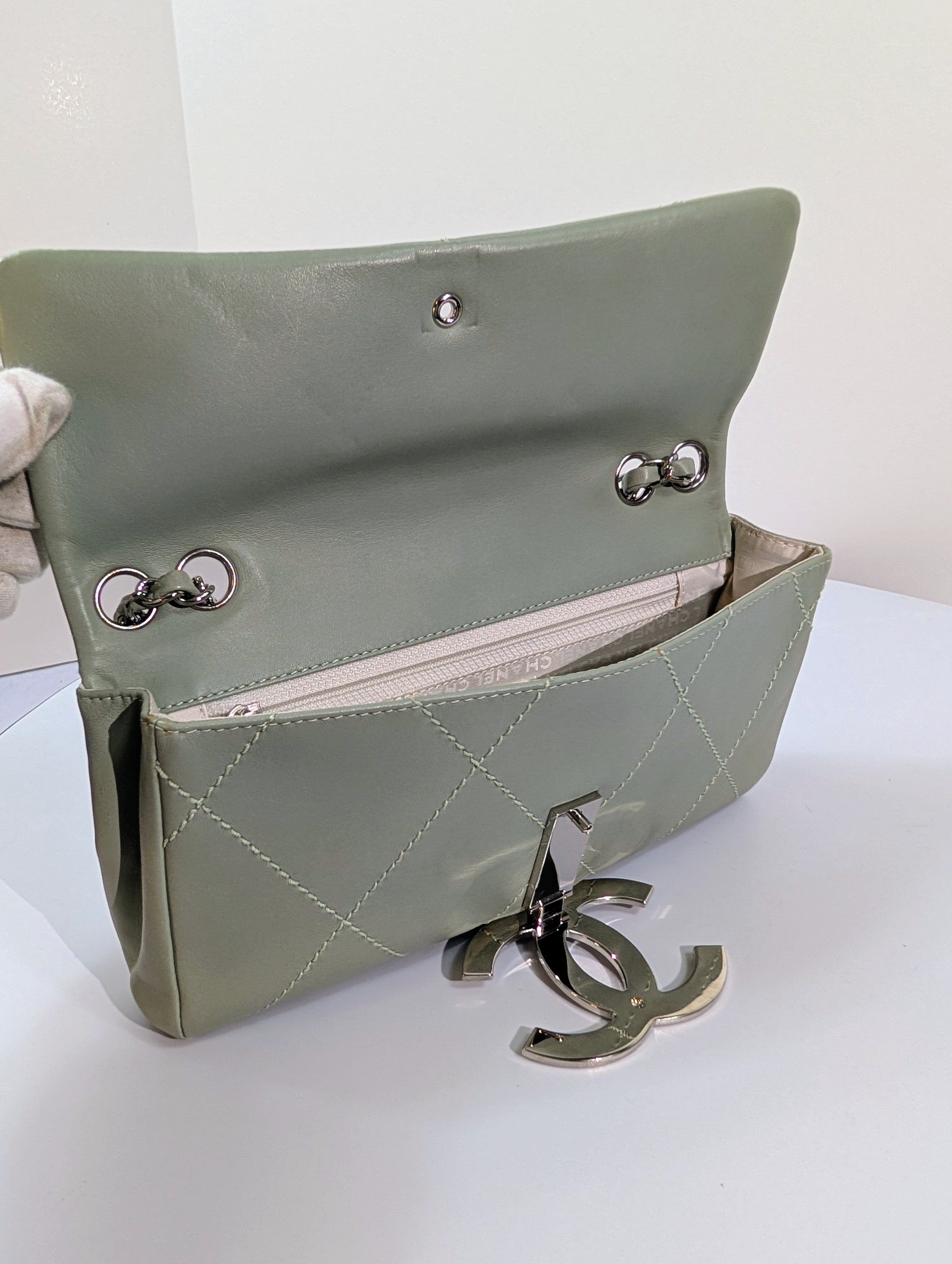 Chanel Vintage Mint Green East West Flap Bag with Oversized Silver CC Lock