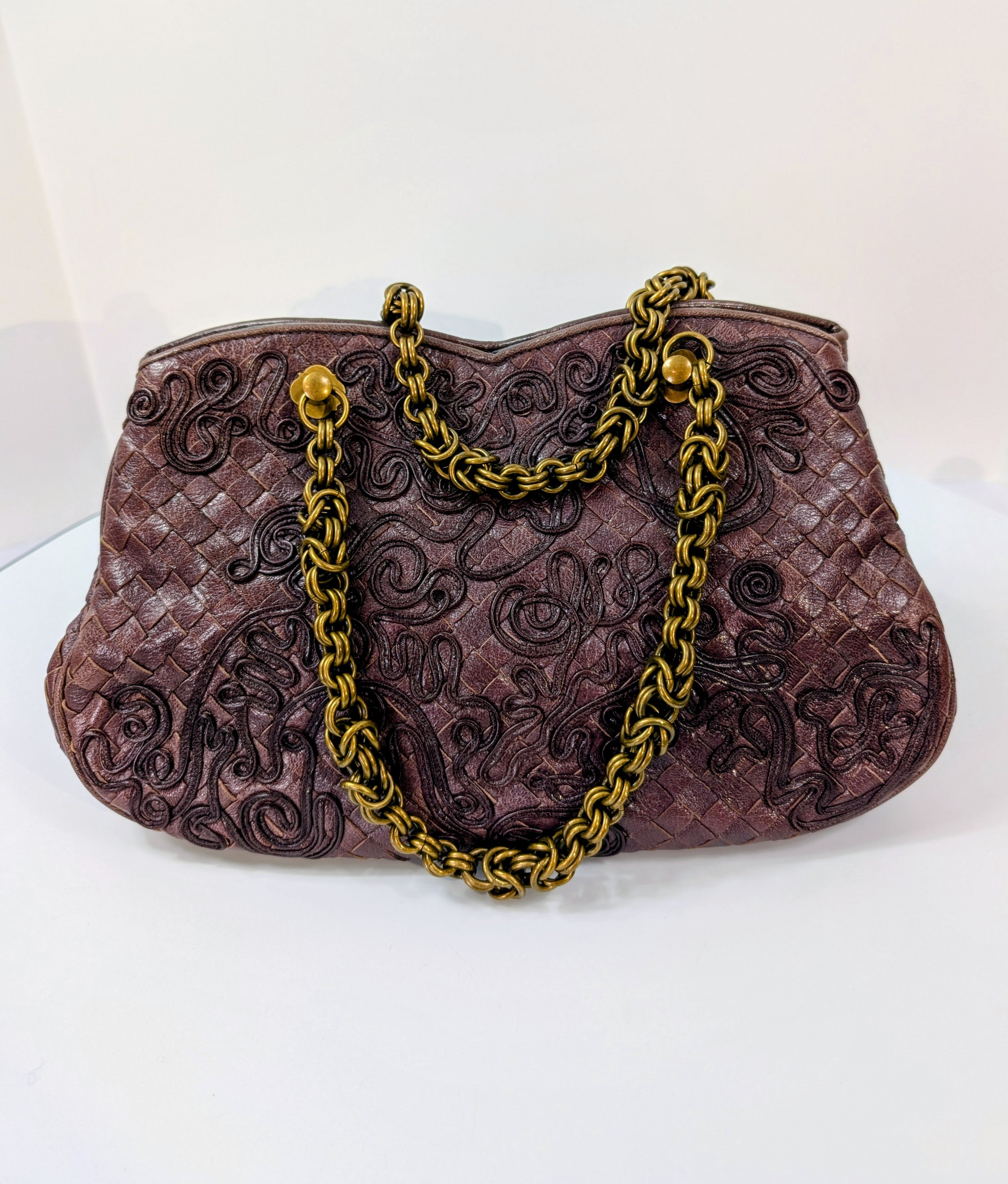 Bottega Veneta Burgundy Brown Intrecciato Embroidered Shoulder Bag