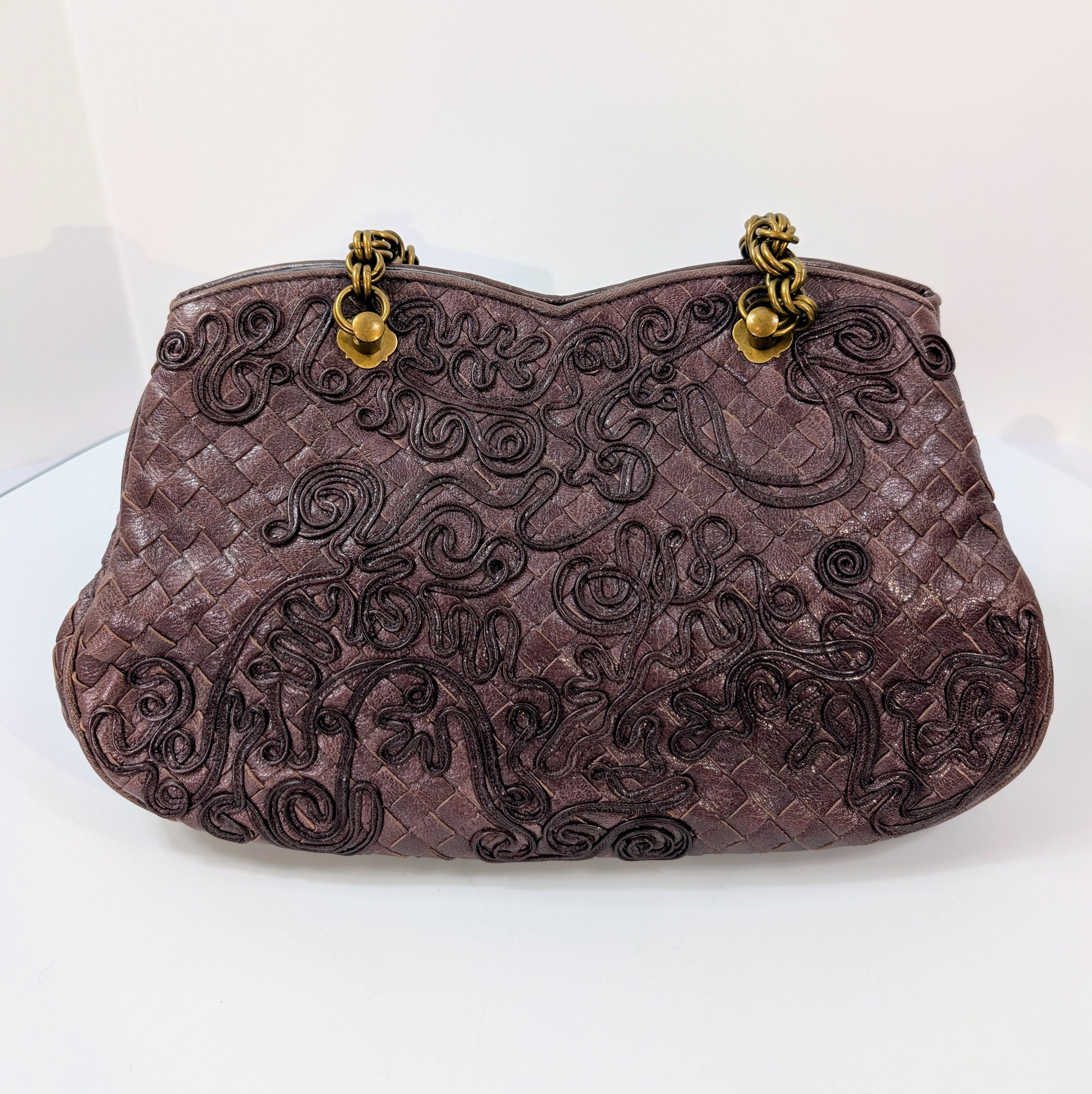 Bottega Veneta Burgundy Brown Intrecciato Embroidered Shoulder Bag