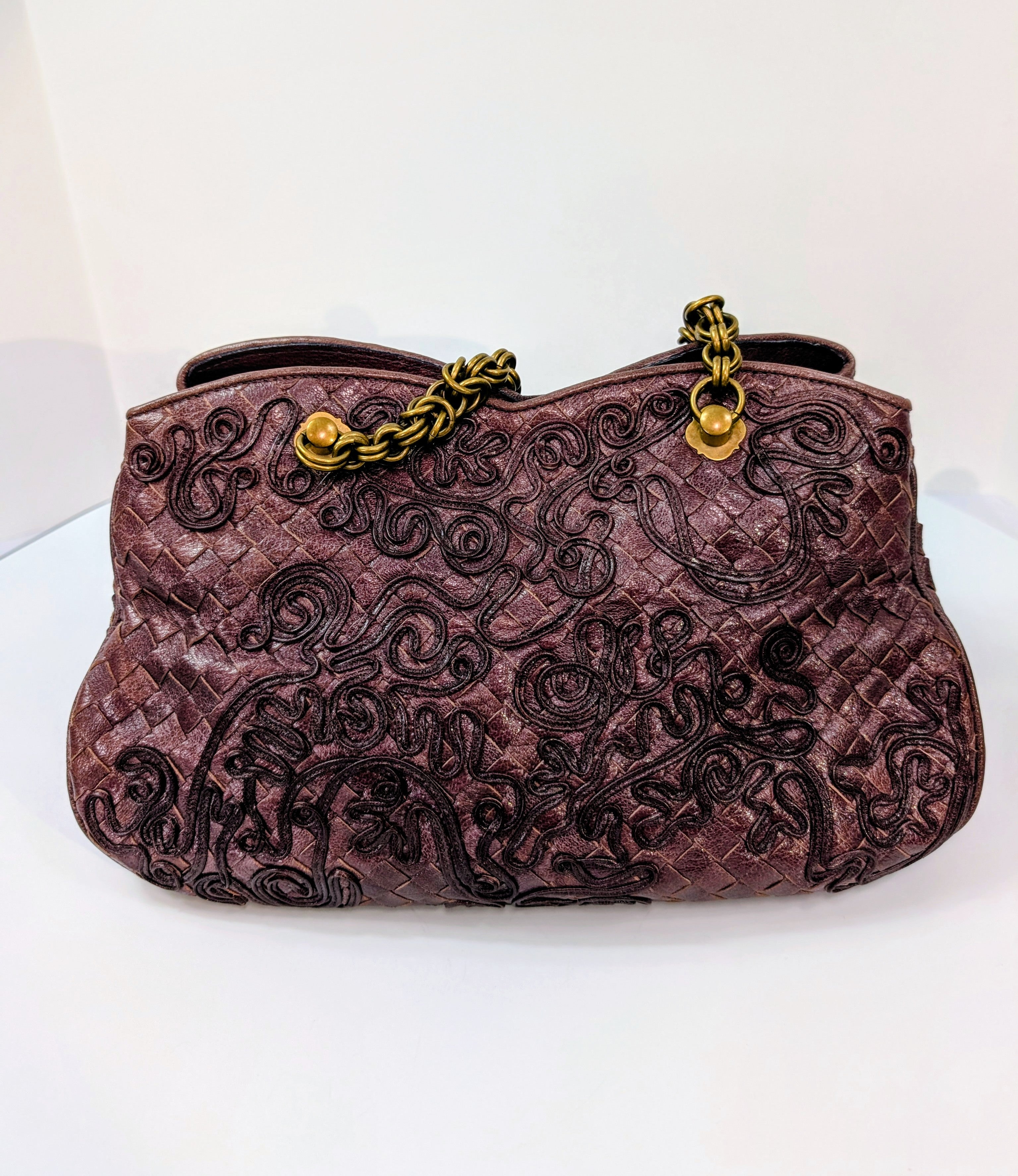 Bottega Veneta Burgundy Brown Intrecciato Embroidered Shoulder Bag