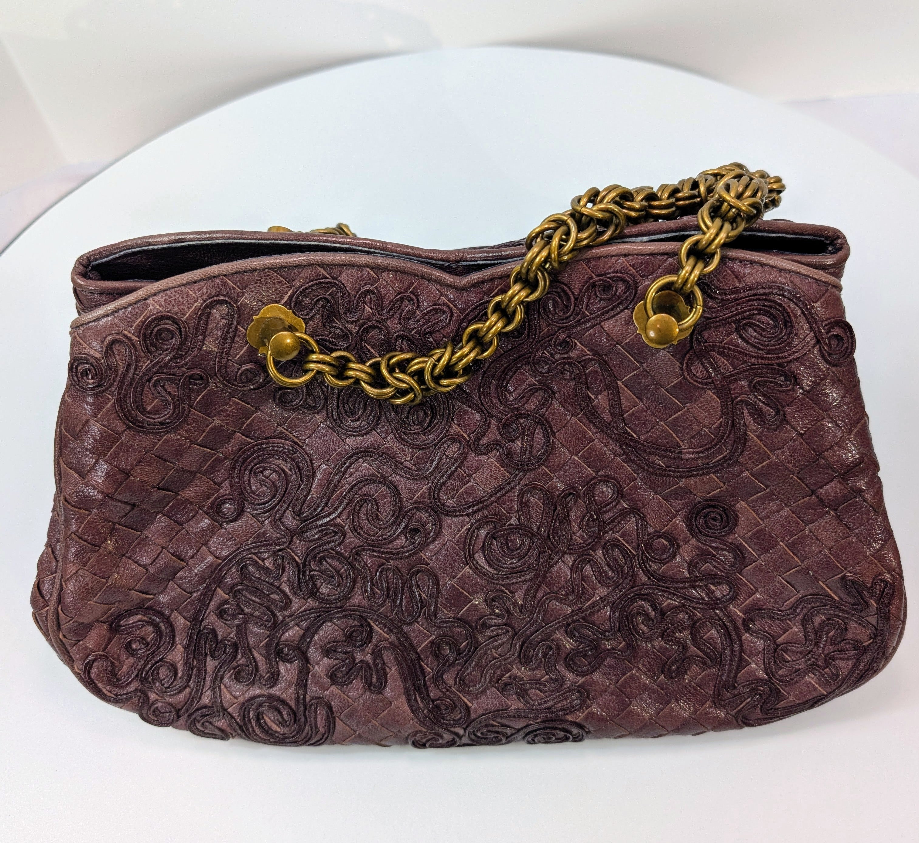 Bottega Veneta Burgundy Brown Intrecciato Embroidered Shoulder Bag