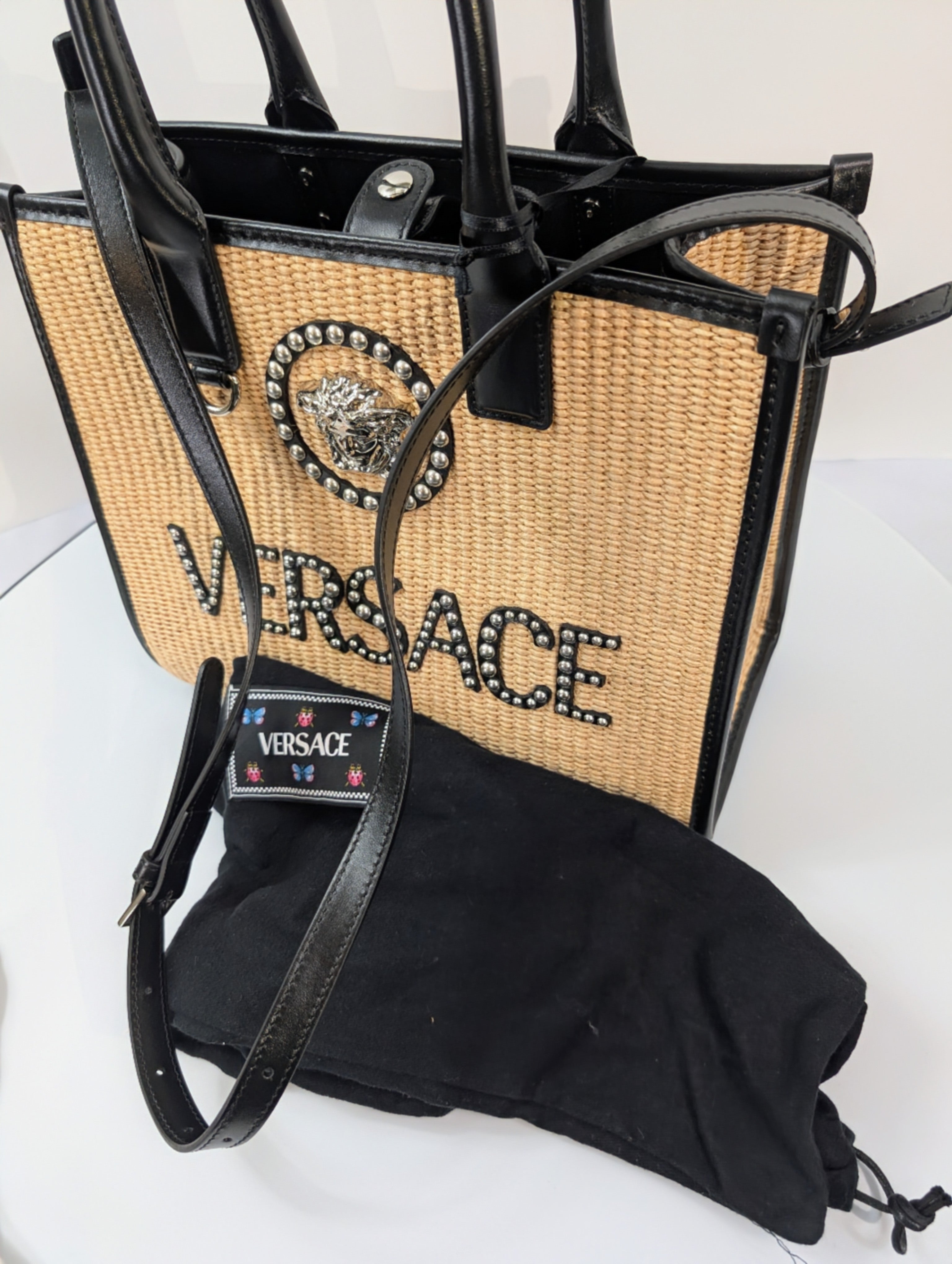 Versace La Medusa Raffia Straw Tote with Silver Studded Logo