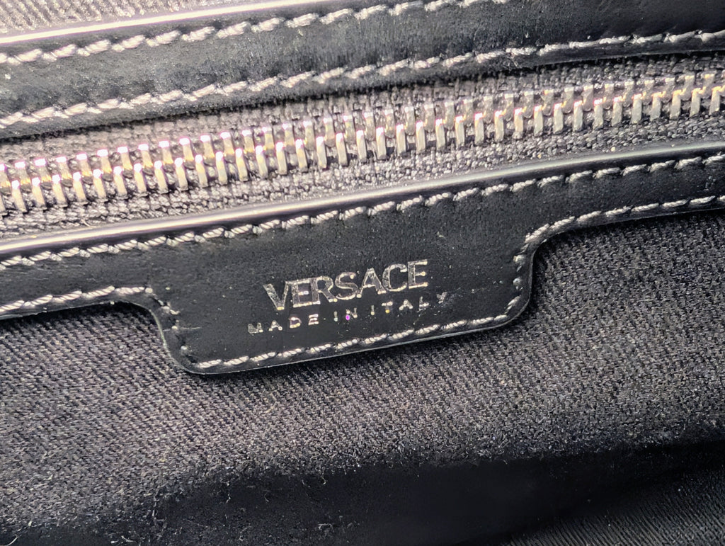 Versace La Medusa Raffia Straw Tote with Silver Studded Logo