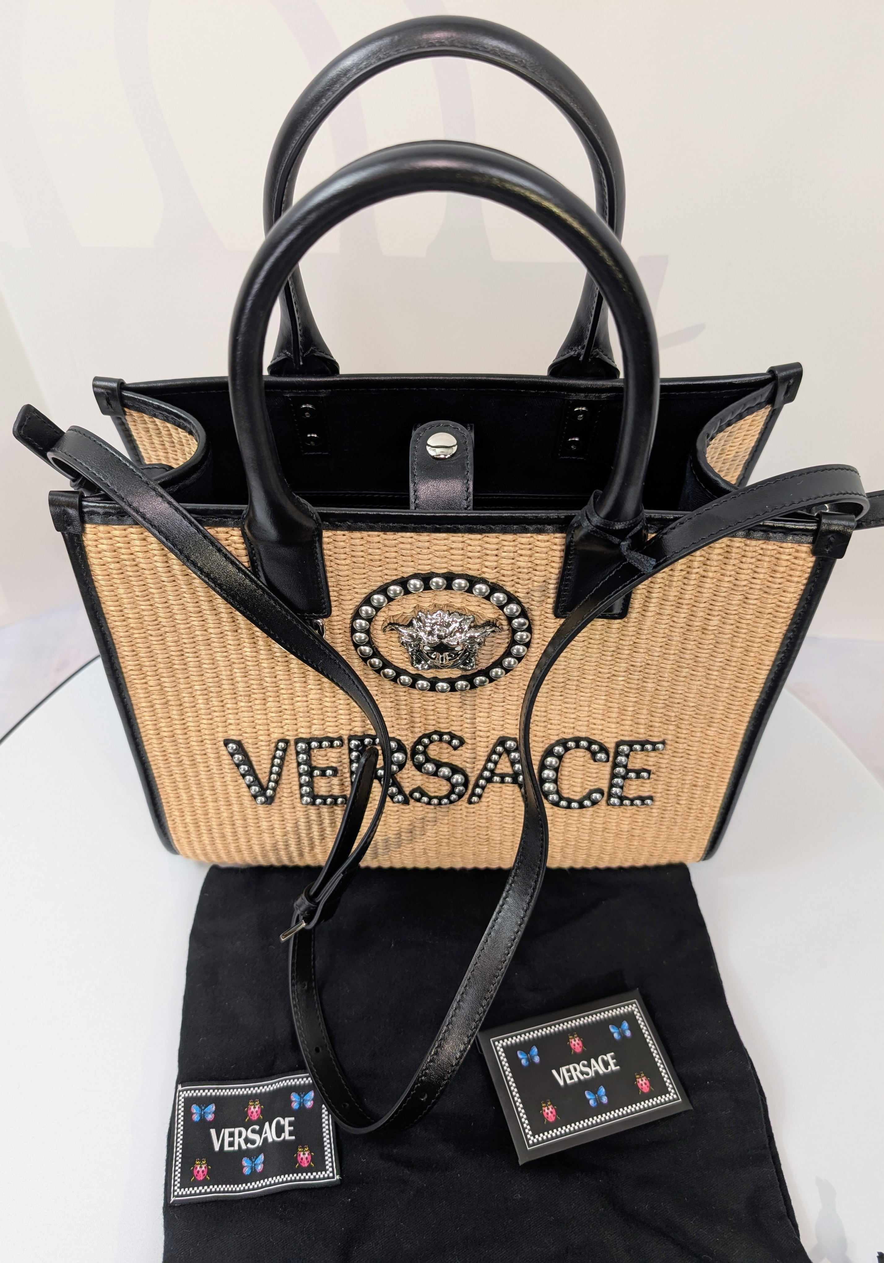 Versace La Medusa Raffia Straw Tote with Silver Studded Logo