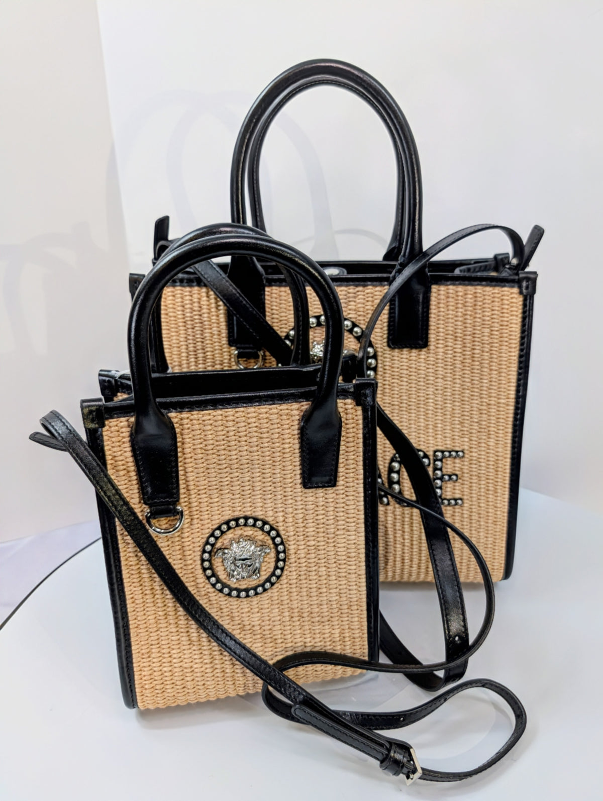 Versace La Medusa Raffia Straw Tote with Silver Studded Logo