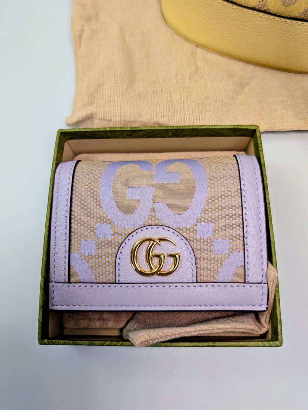 Gucci Yellow Mini Jumbo GG Bucket Bag and Lilac Wallet