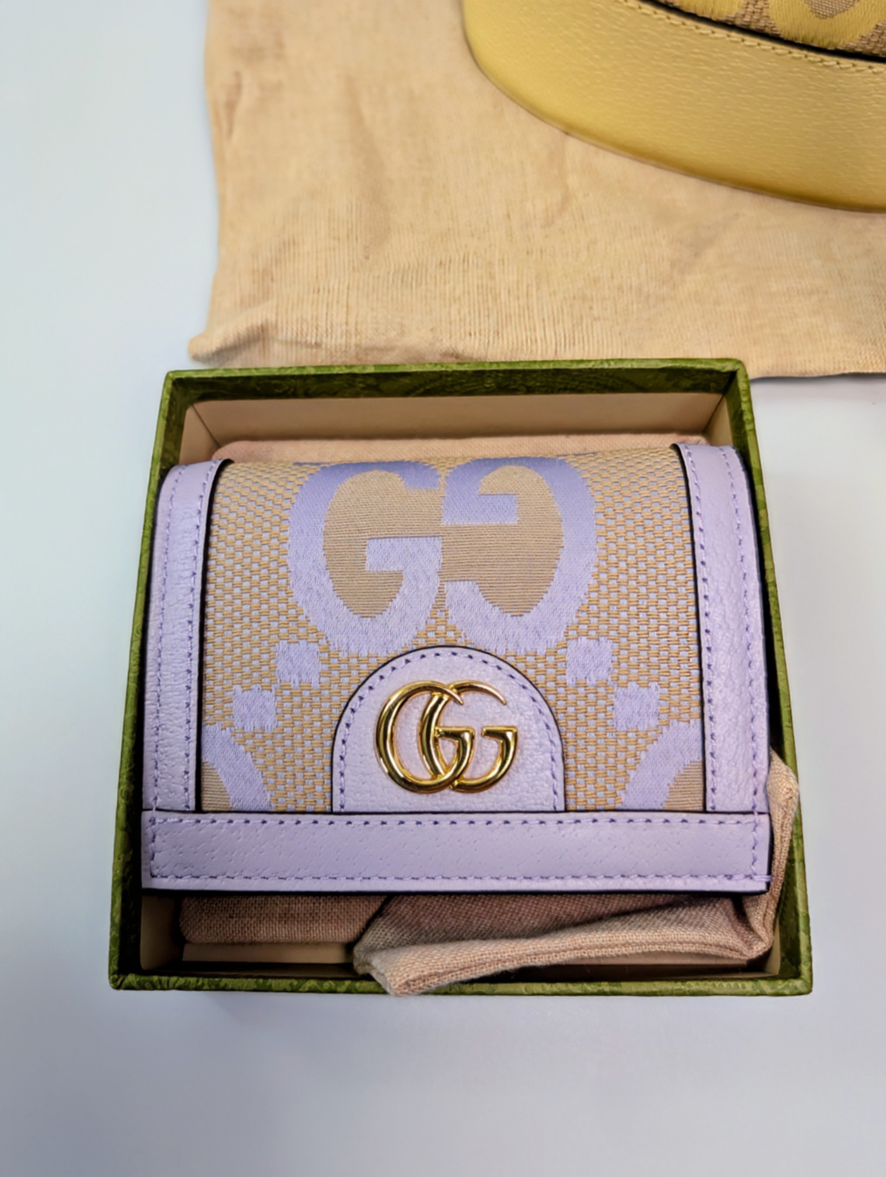 Gucci Yellow Mini Jumbo GG Bucket Bag and Lilac Wallet