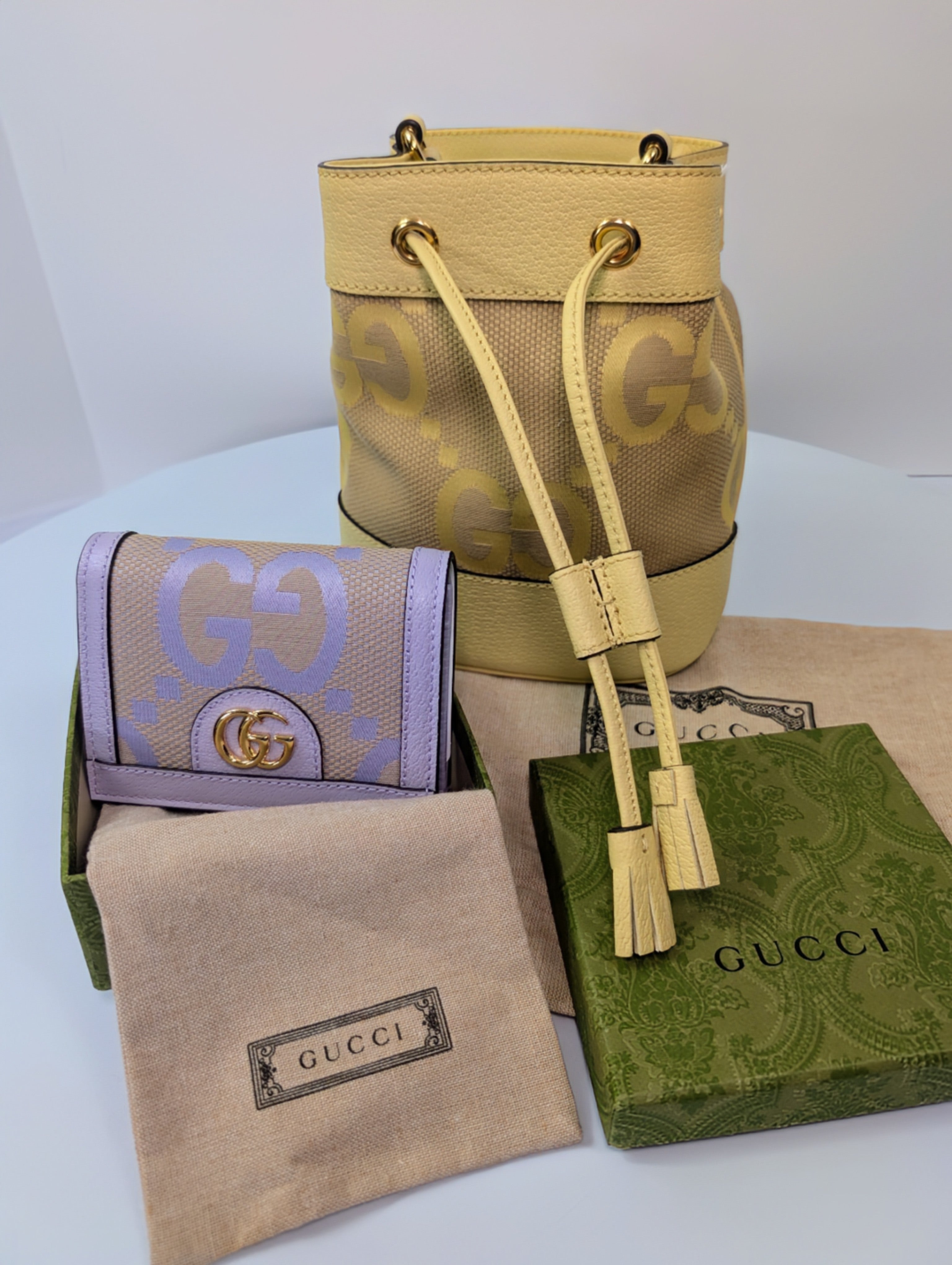 Gucci Yellow Mini Jumbo GG Bucket Bag and Lilac Wallet
