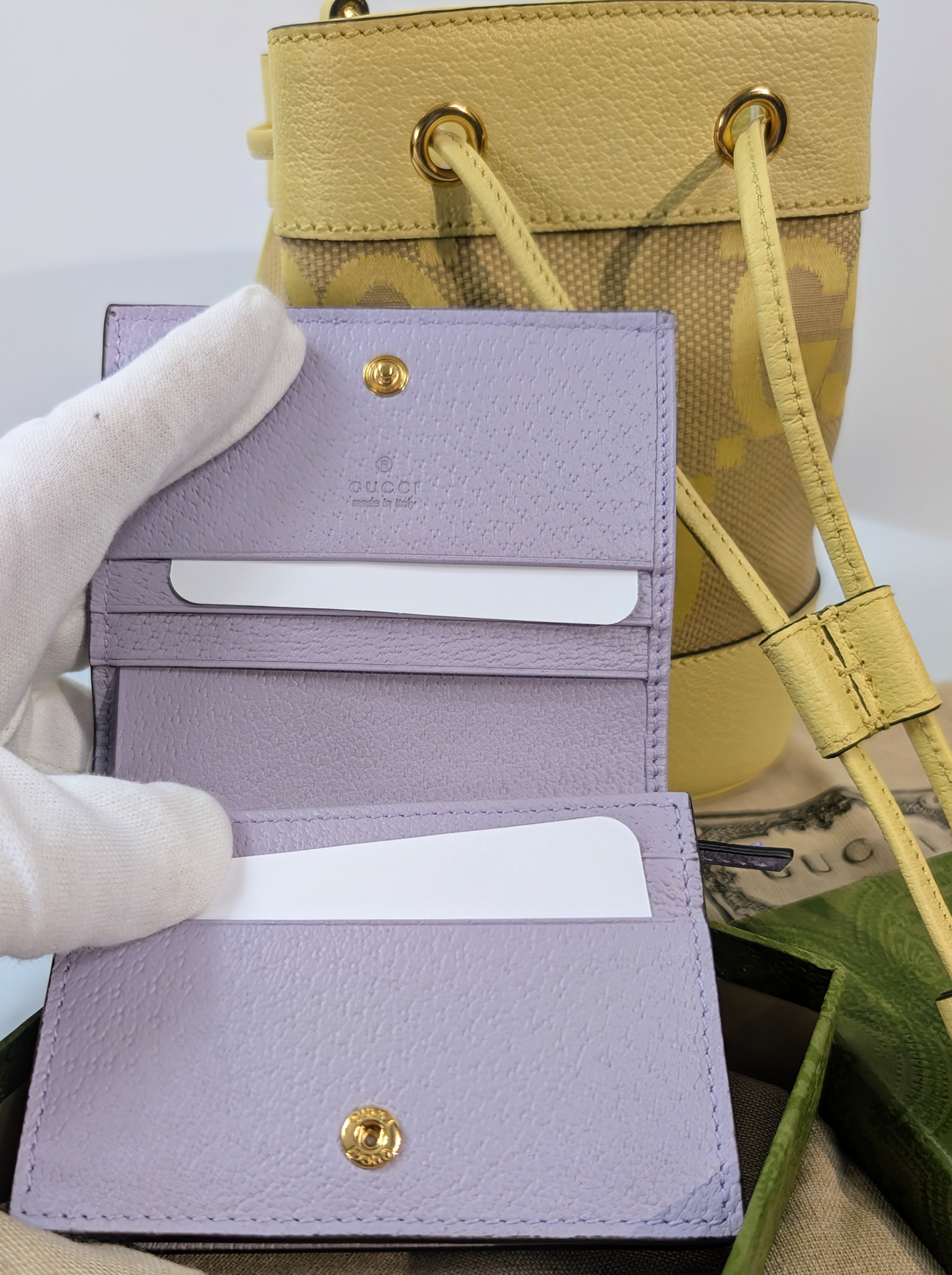 Gucci Yellow Mini Jumbo GG Bucket Bag and Lilac Wallet