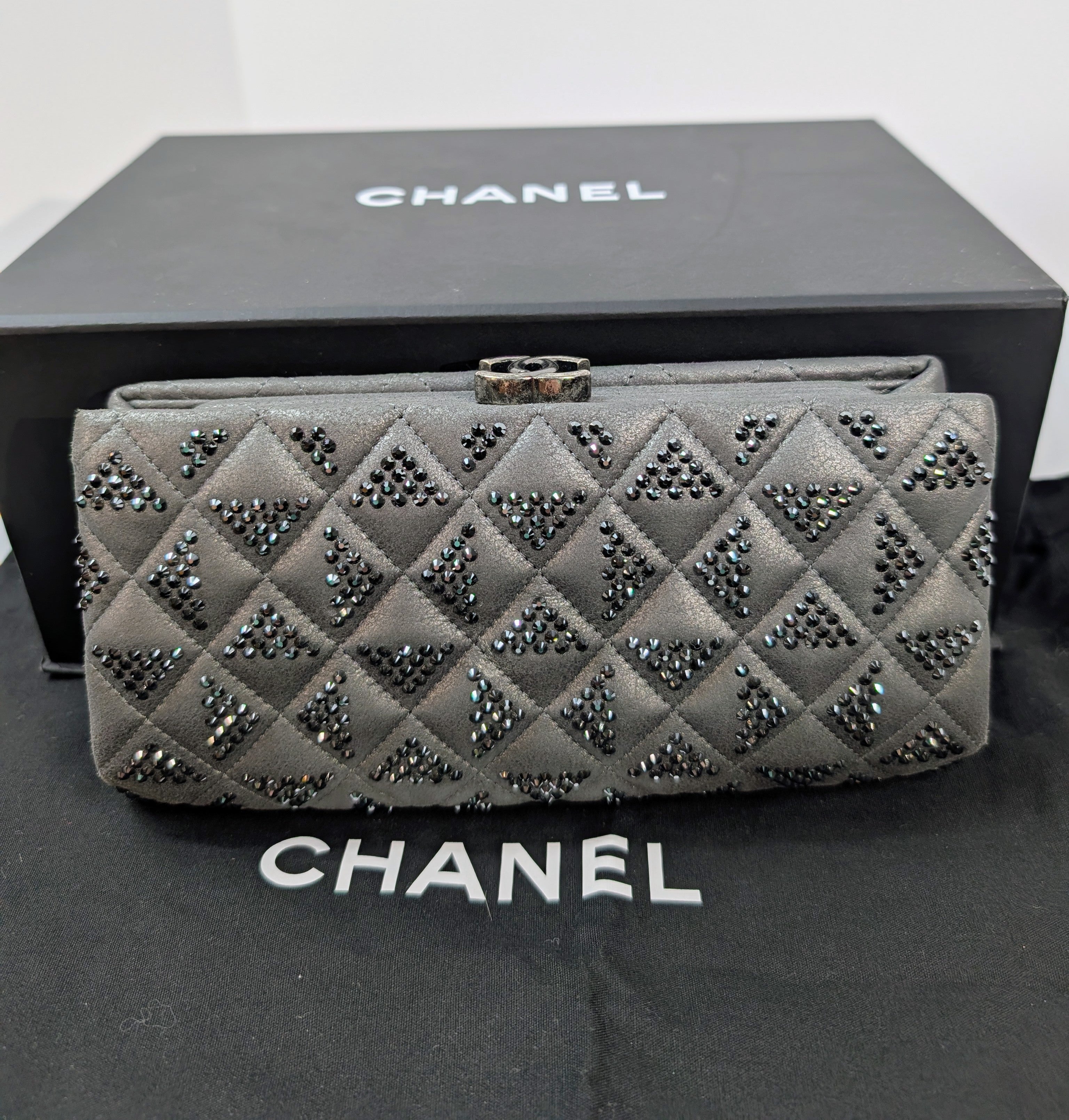 Chanel Gunmetal Iridescent Diamond-Quilted Clutch