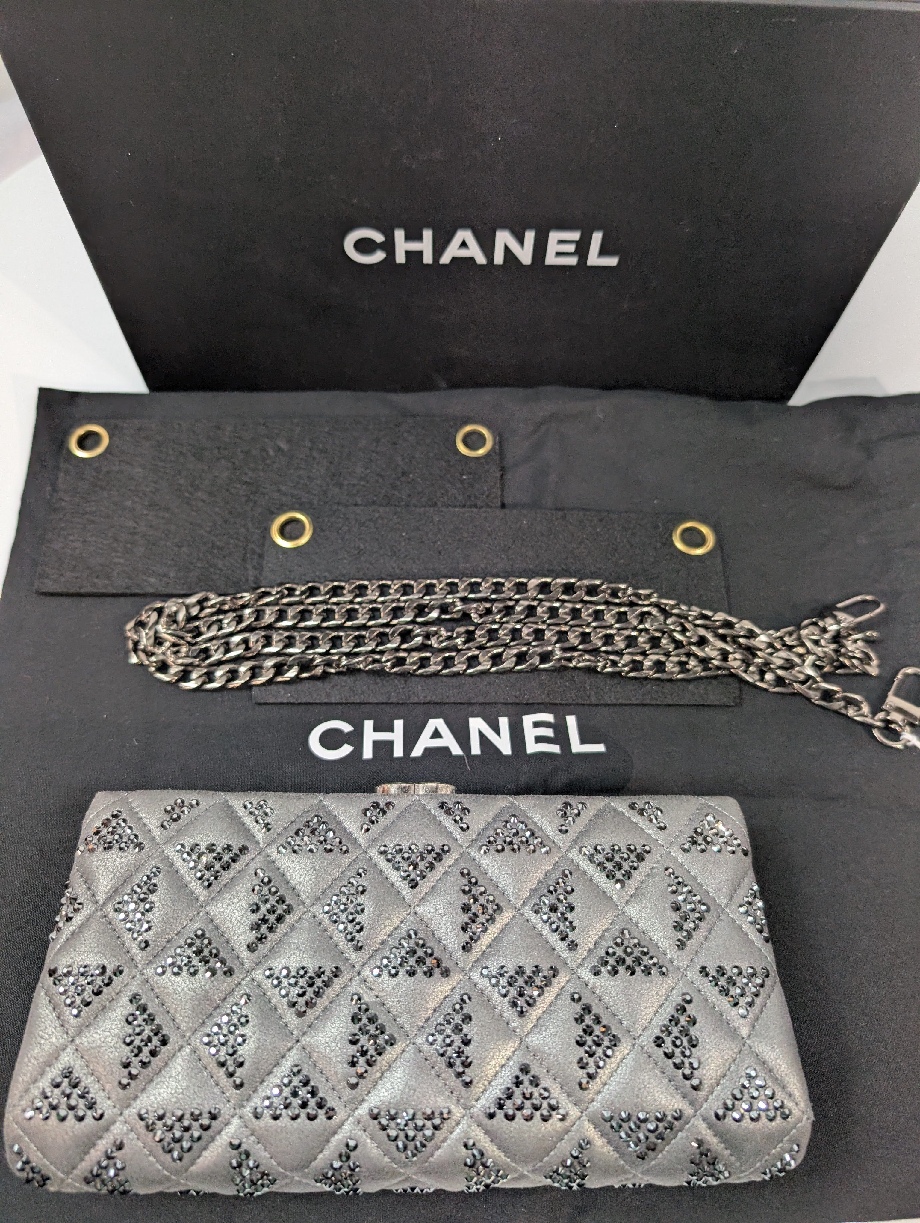 Chanel Gunmetal Iridescent Diamond-Quilted Clutch