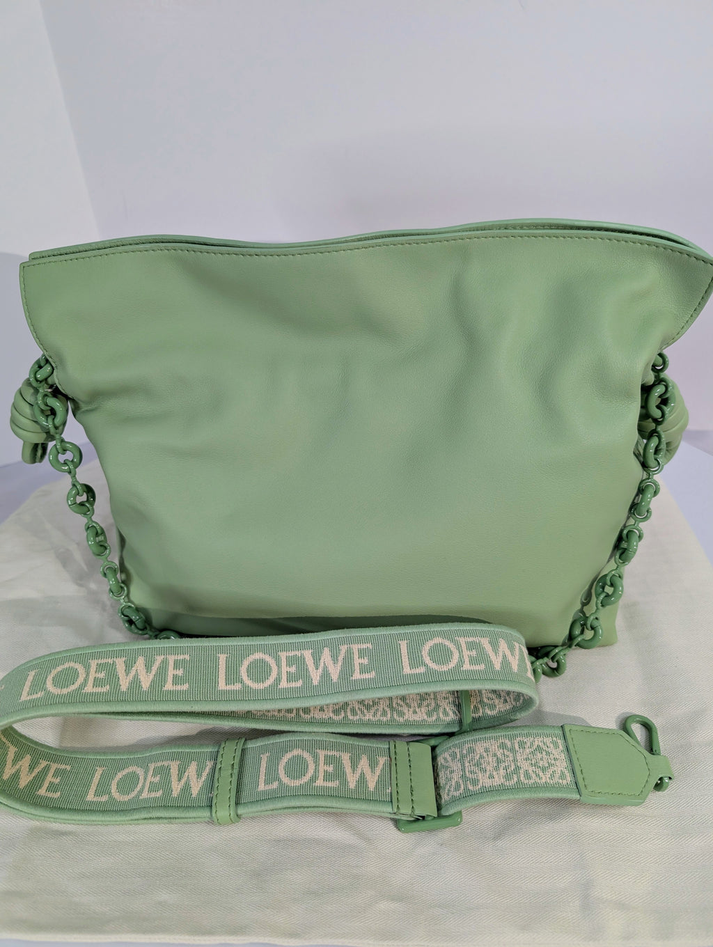 Loewe Flamenco Clutch in Pale Celadon Nappa Leather with Tonal Donut and Fabric Chains