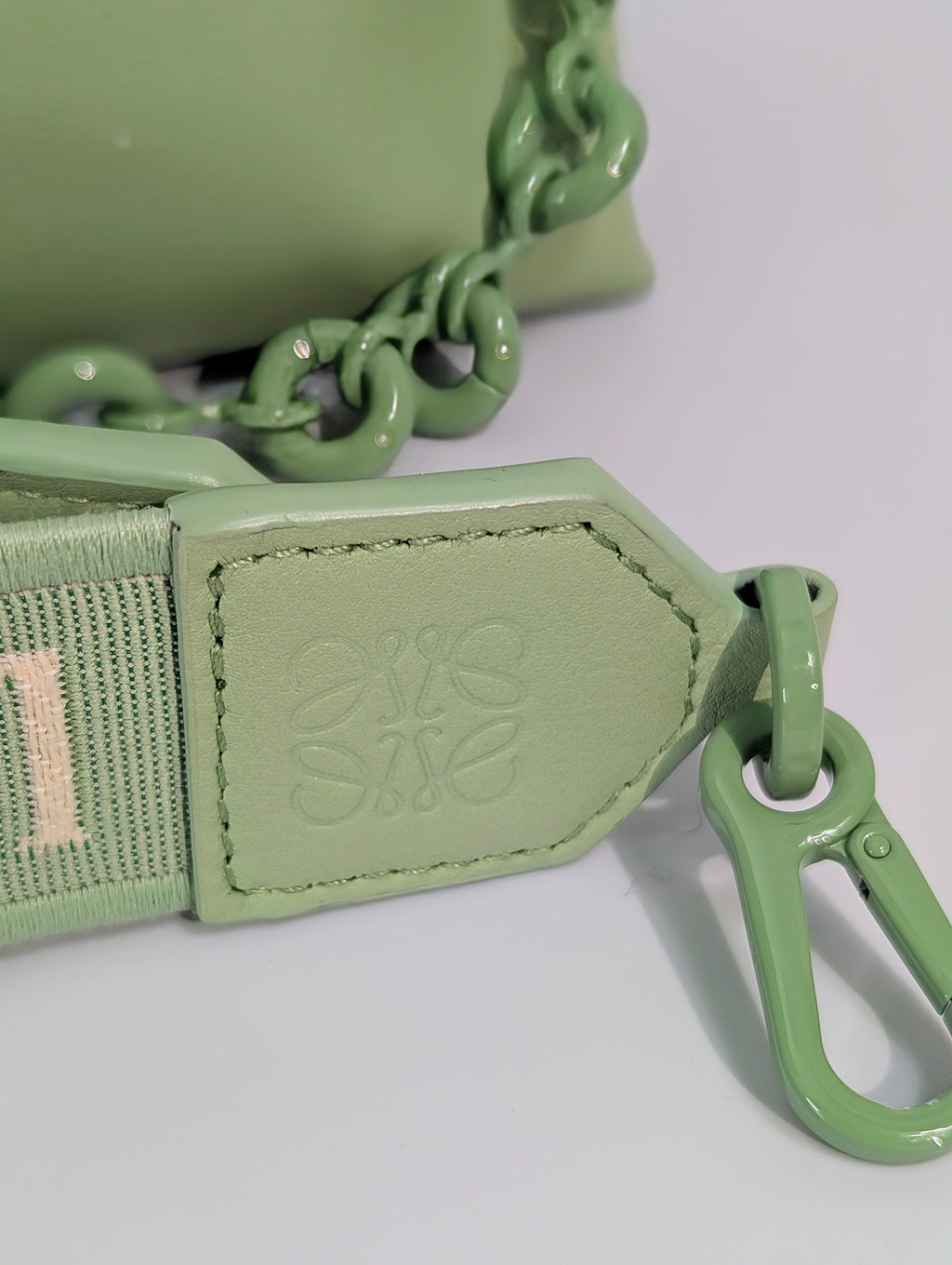 Loewe Flamenco Clutch in Pale Celadon Nappa Leather with Tonal Donut and Fabric Chains