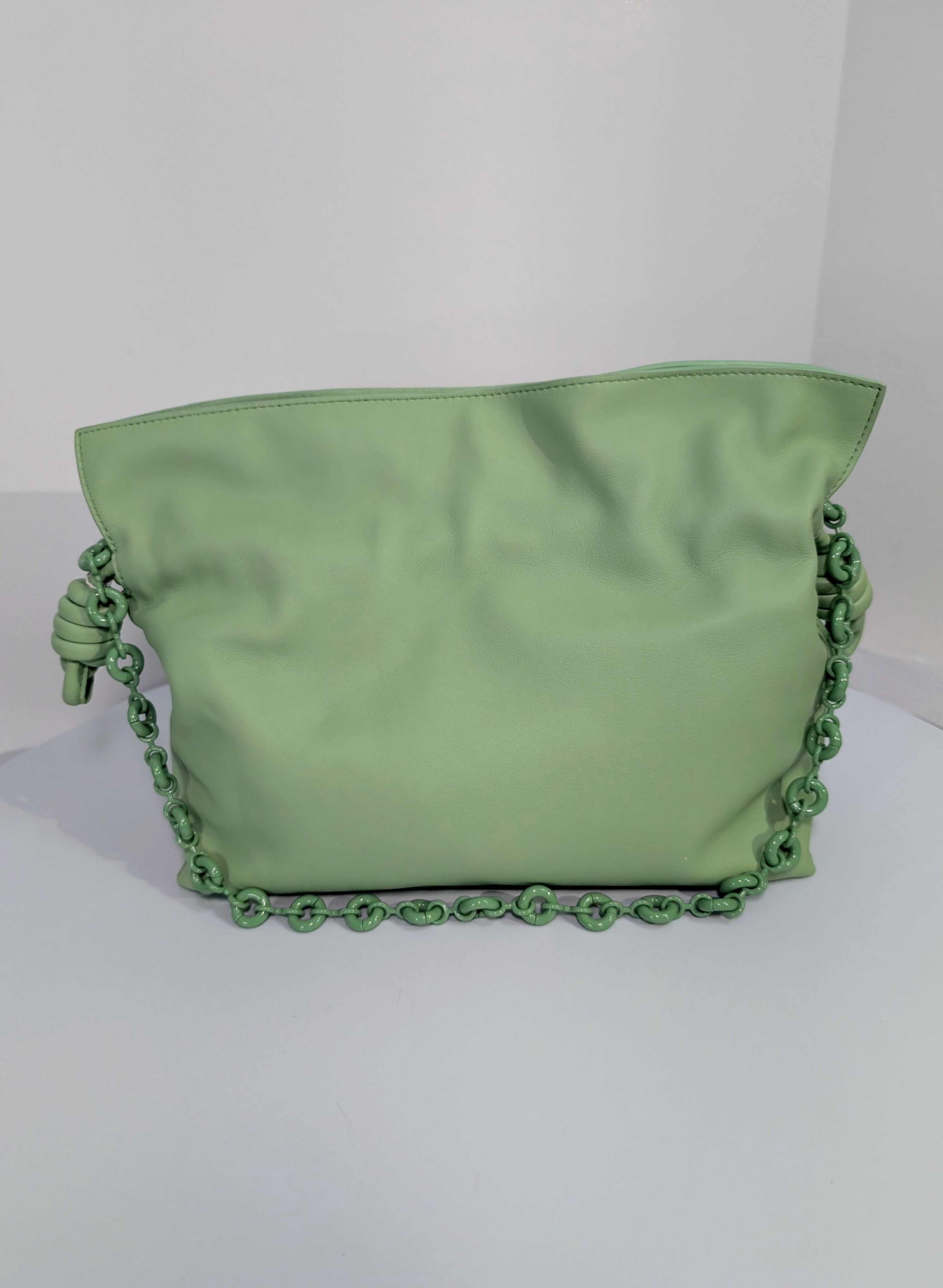 Loewe Flamenco Clutch in Pale Celadon Nappa Leather with Tonal Donut and Fabric Chains