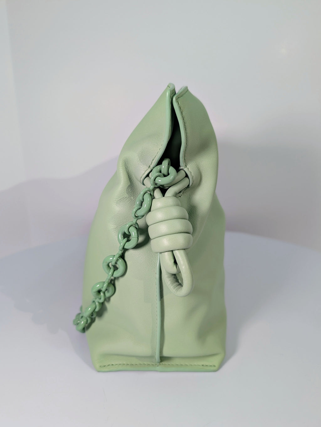 Loewe Flamenco Clutch in Pale Celadon Nappa Leather with Tonal Donut and Fabric Chains