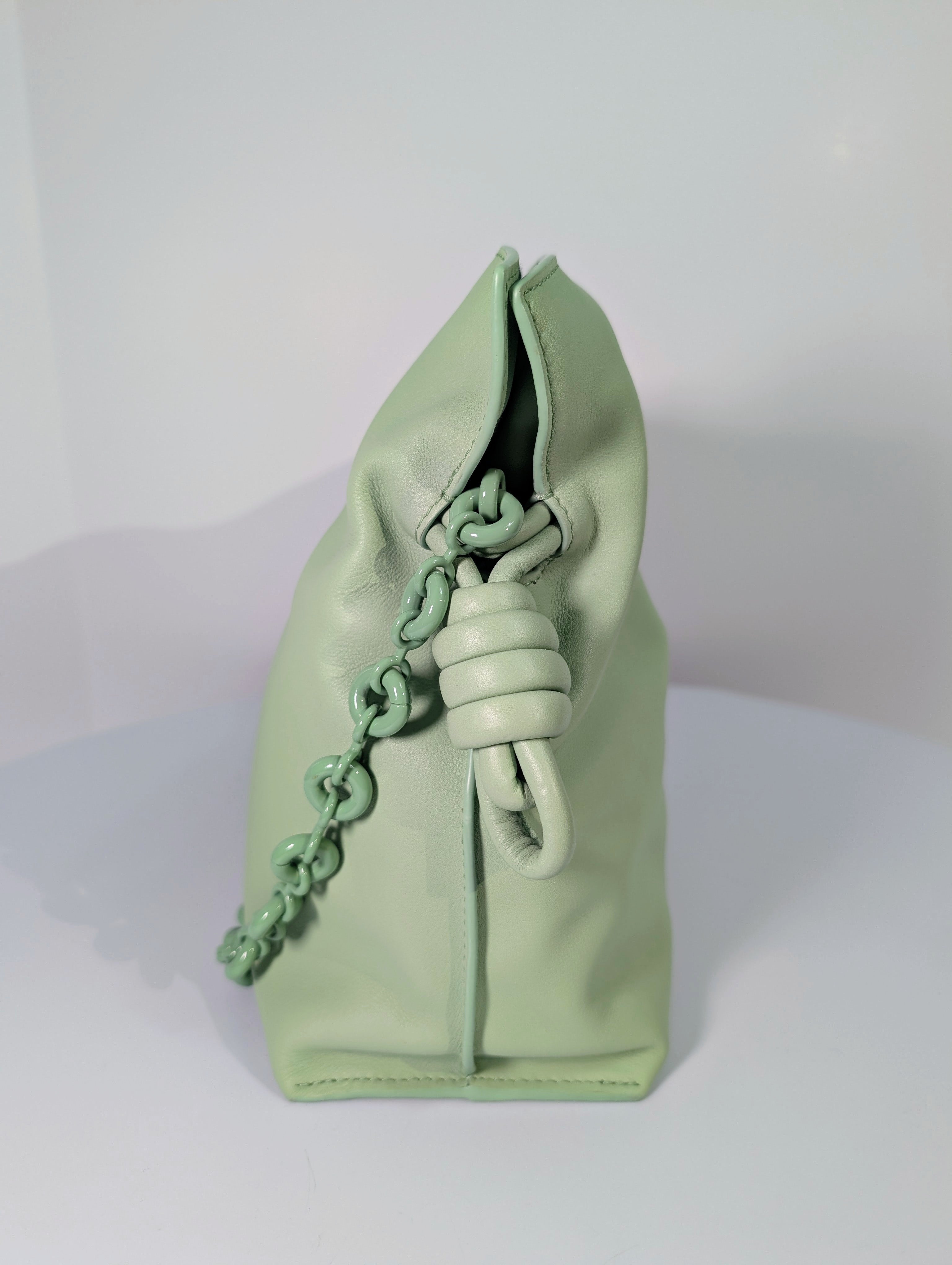 Loewe Flamenco Clutch in Pale Celadon Nappa Leather with Tonal Donut and Fabric Chains