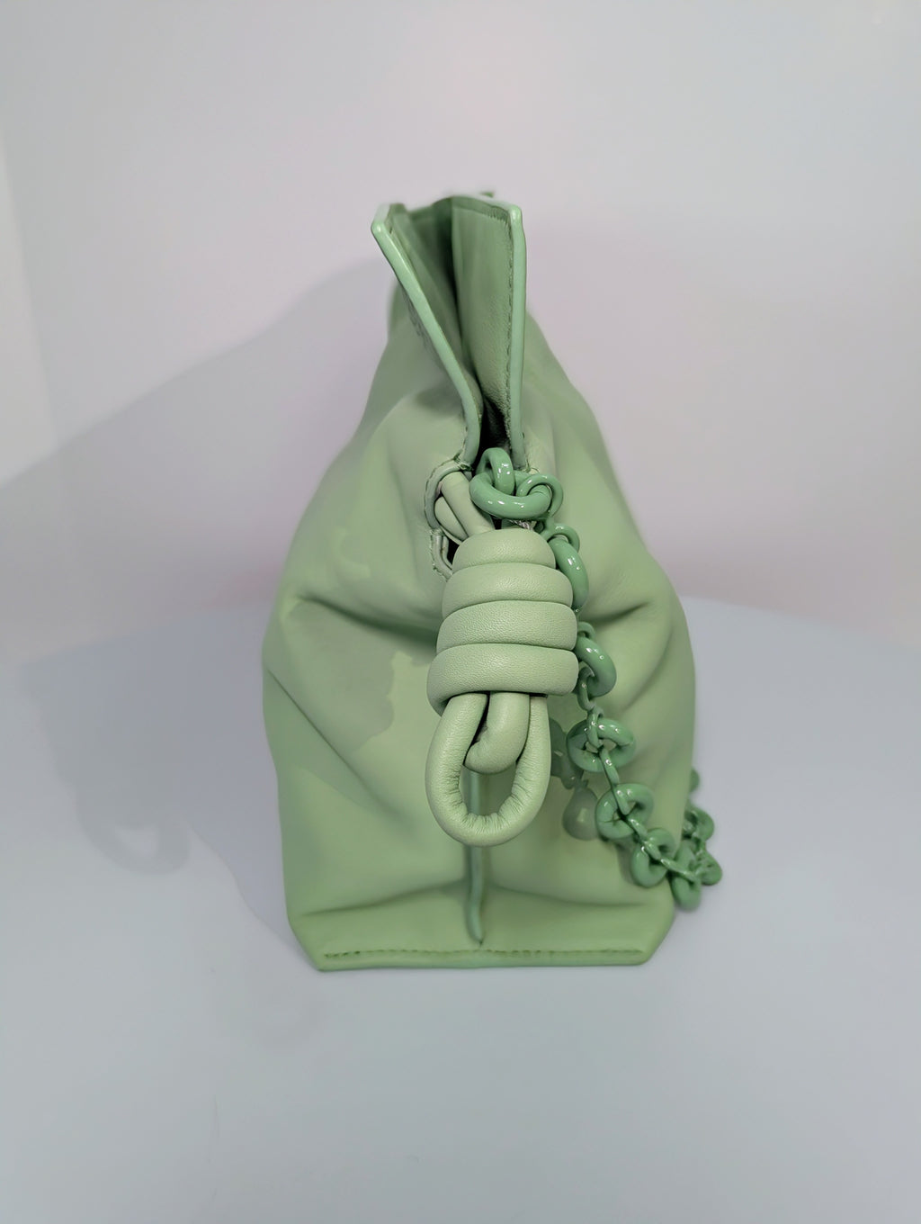 Loewe Flamenco Clutch in Pale Celadon Nappa Leather with Tonal Donut and Fabric Chains