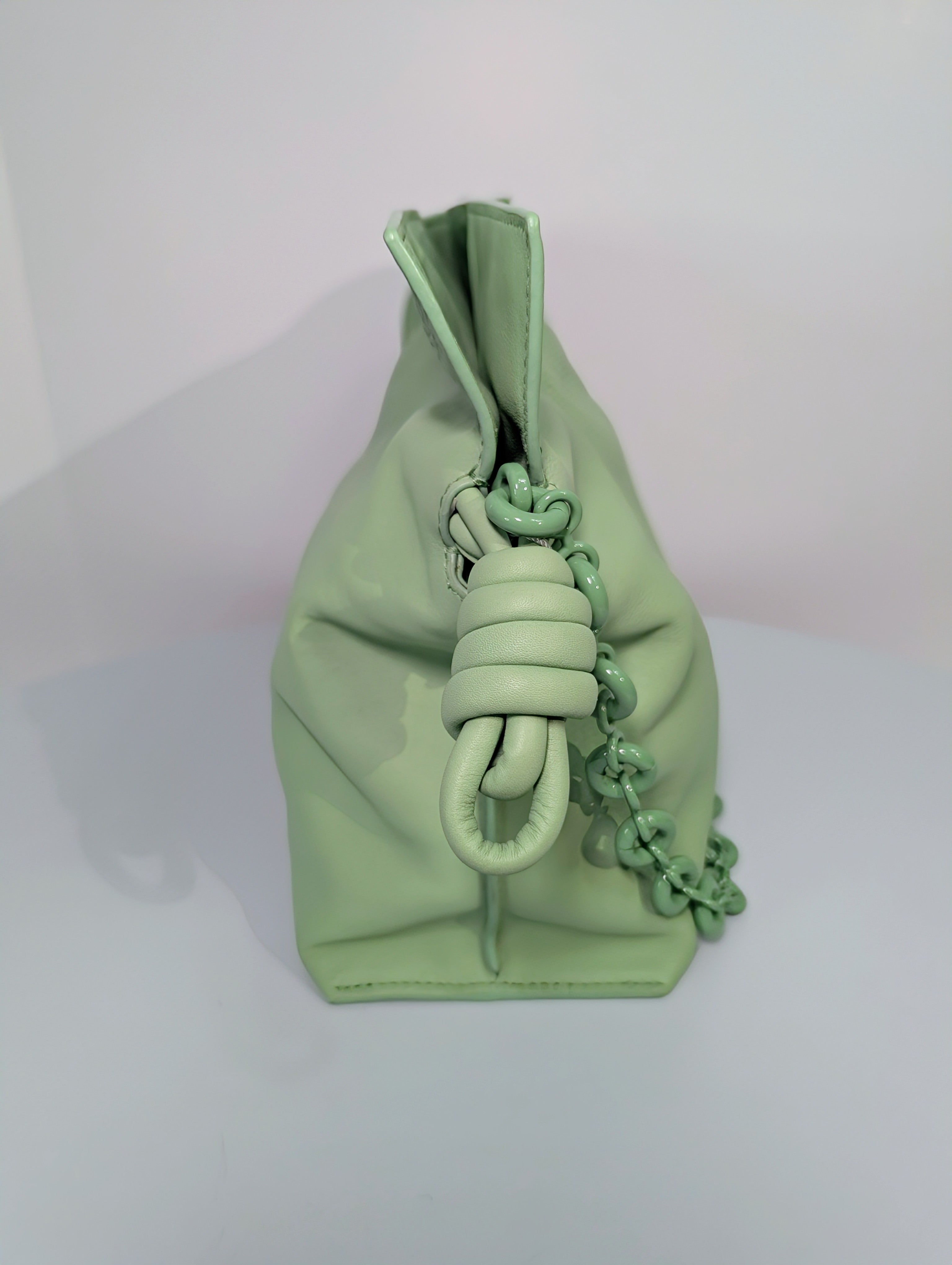 Loewe Flamenco Clutch in Pale Celadon Nappa Leather with Tonal Donut and Fabric Chains