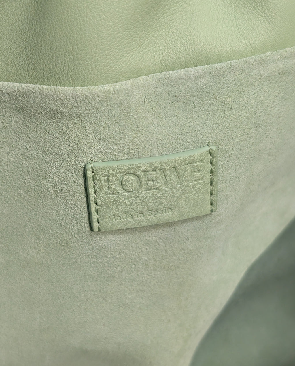 Loewe Flamenco Clutch in Pale Celadon Nappa Leather with Tonal Donut and Fabric Chains